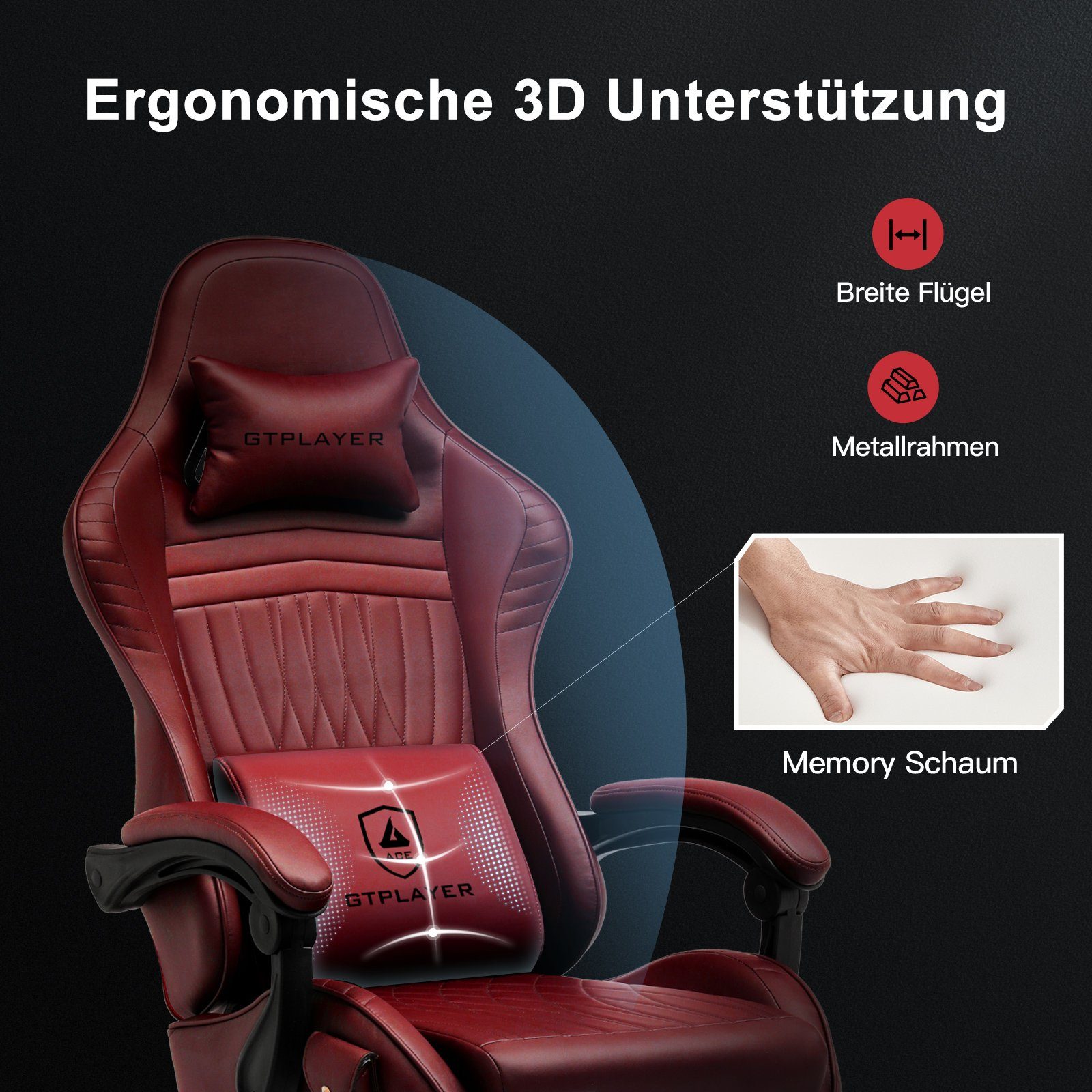 GTPLAYER Gaming-Stuhl ergonomischer Bürostuhl mit beeindrukende Rotwein HIFI Klang-atmosphäre Verbindungsarmlehen Stereo Lautsprecher