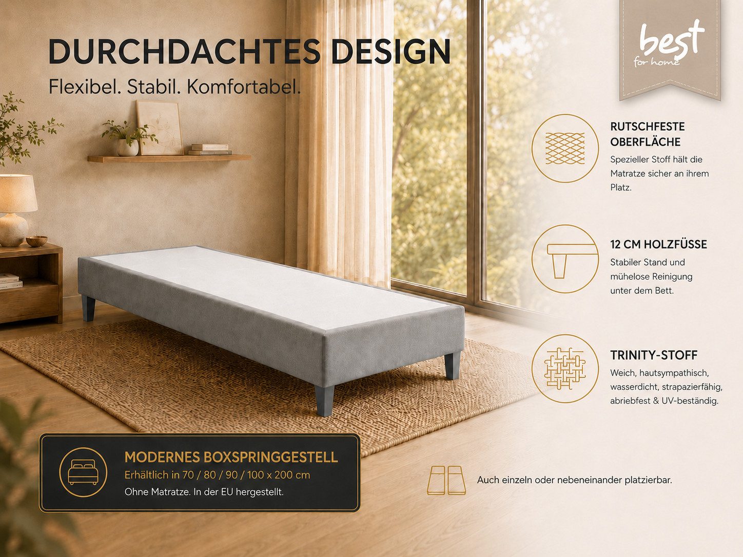 Best for Home Boxspringbett Trinity Einzel-Boxspringbett mit stabilem Rahmen und elegantem Design (Seniorenbett, Matratze, Jugendbett, Kinderbett, 70x200 80x200 90x200 100x200 cm), Komfortbett, Boxspringgestell, TOP Preis-Leistungs-Verhältnis