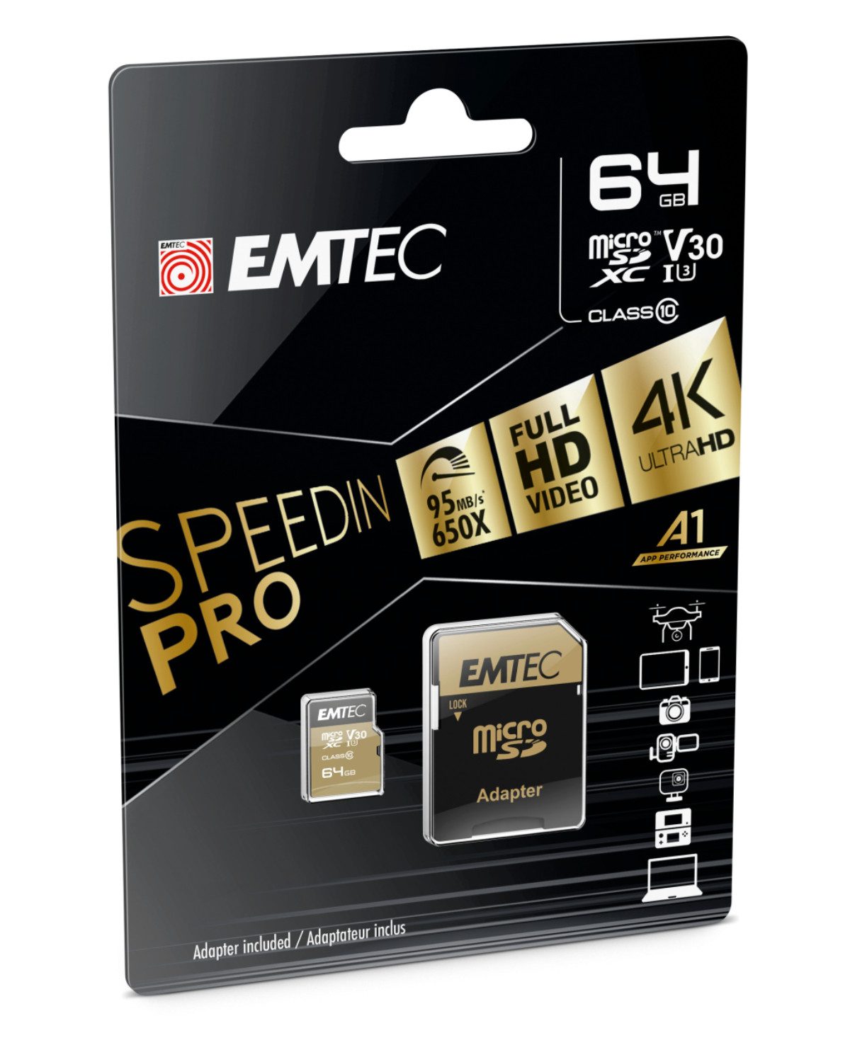 EMTEC UHS-I U3 V30 SpeedIN Pro Speicherkarte (64 GB, Class 10, 100,00 MB/s Lesegeschwindigkeit, inkl. SD-Karten-Adapter)