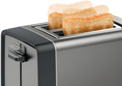 BOSCH Toaster DesignLine TAT4P425DE, integrierter Edelstahl-Brötchenaufsatz, 2 kurze Schlitze, 970 W, Abschaltautomatik, Auftaufunktion, Liftfunktion, Breit, grau