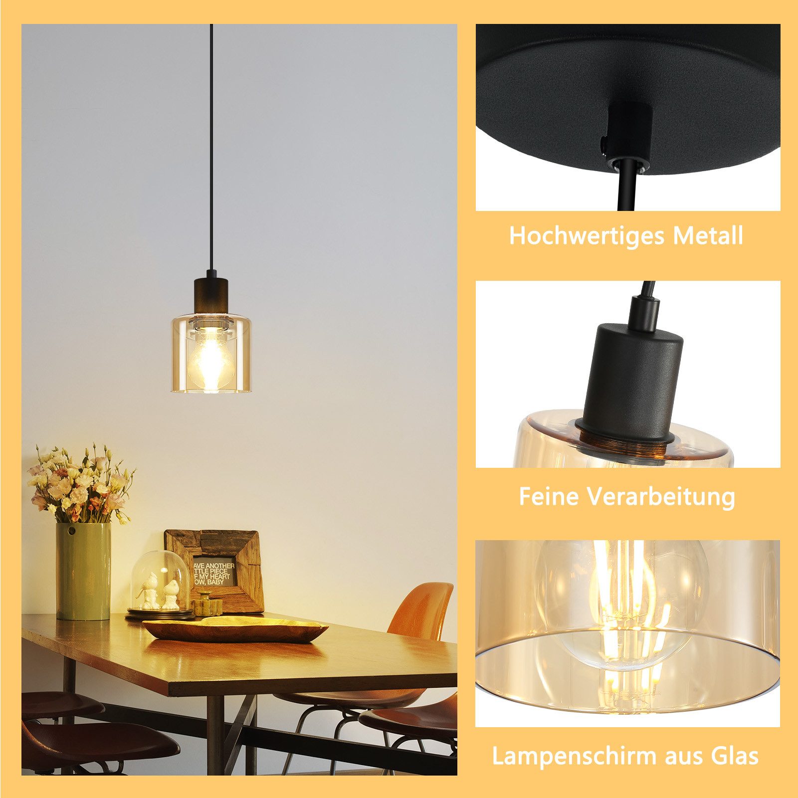 Nettlife Pendelleuchte Esstisch Vintage E27 Schwarz 1/3 Flammig Glas Industrial Hängeleuchte, Höhenverstellbar, ohne Leuchtmittel, Pendellampe für Wohnzimmer Ho – Bild 3 von 5