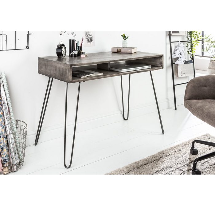 riess-ambiente Schreibtisch SCORPION 100cm grau Arbeitszimmer · Massivholz · Metall · Hairpin Legs · Retro · Home Office