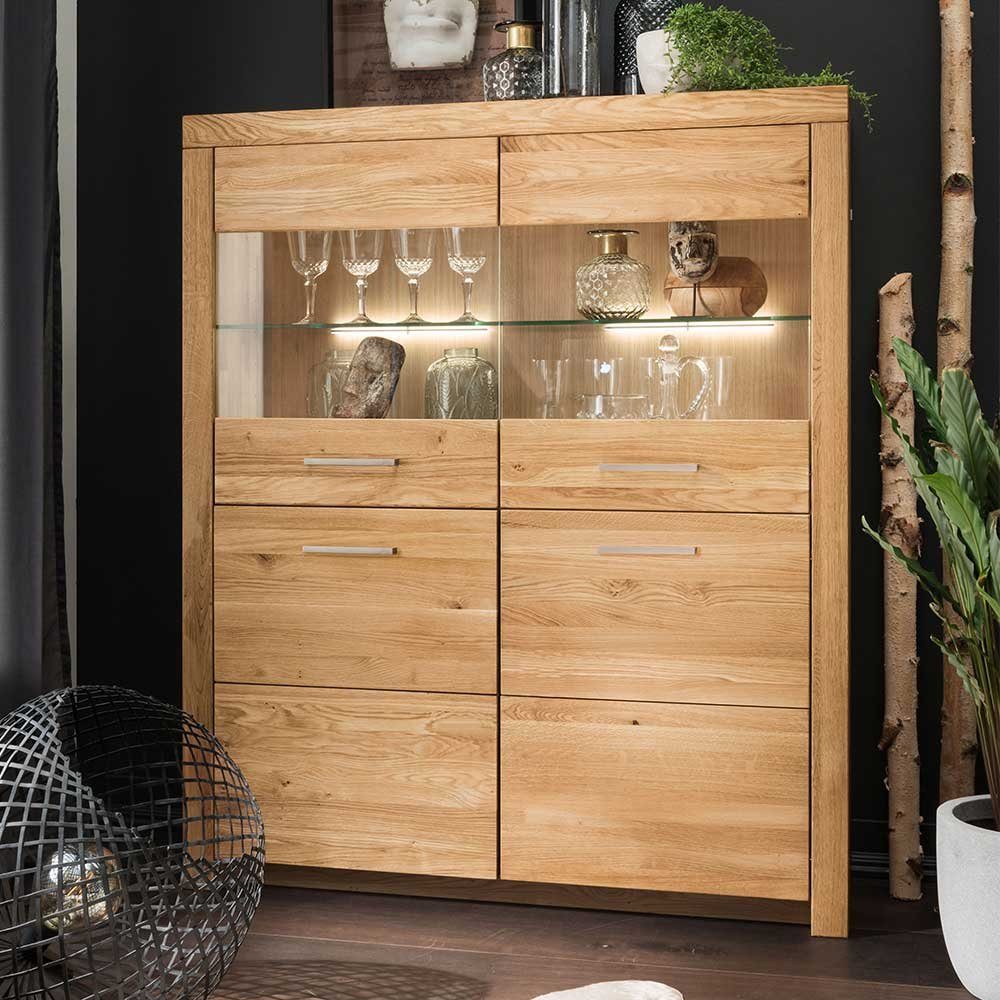 Pharao24 Vitrine Procenta aus Massivholz, Esszimmer Highboard 118 cm Breit,  141 cm Hoch, 40 cm Tief | Vitrinenschränke