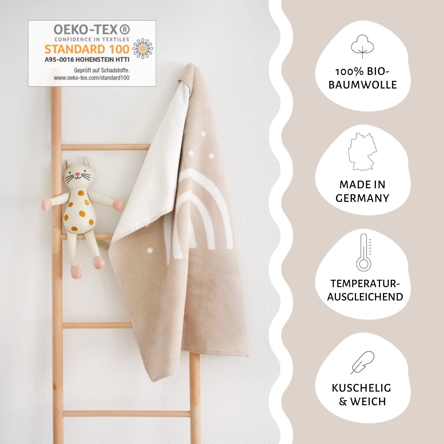 Babydecke 100% Bio-Baumwolle, kids&me, kuschelige Baby Wolldecke mit Regenbogen - MADE IN GERMANY - OEKOTEX