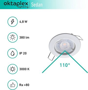 Oktaplex lighting LED Einbaustrahler 6 Stück LED Strahler flach inkl. LED Module 5W 380 Lumen, Dimmbar, Leuchtmittel wechselbar, warmweiß, 3000 Kelvin 230V weiß