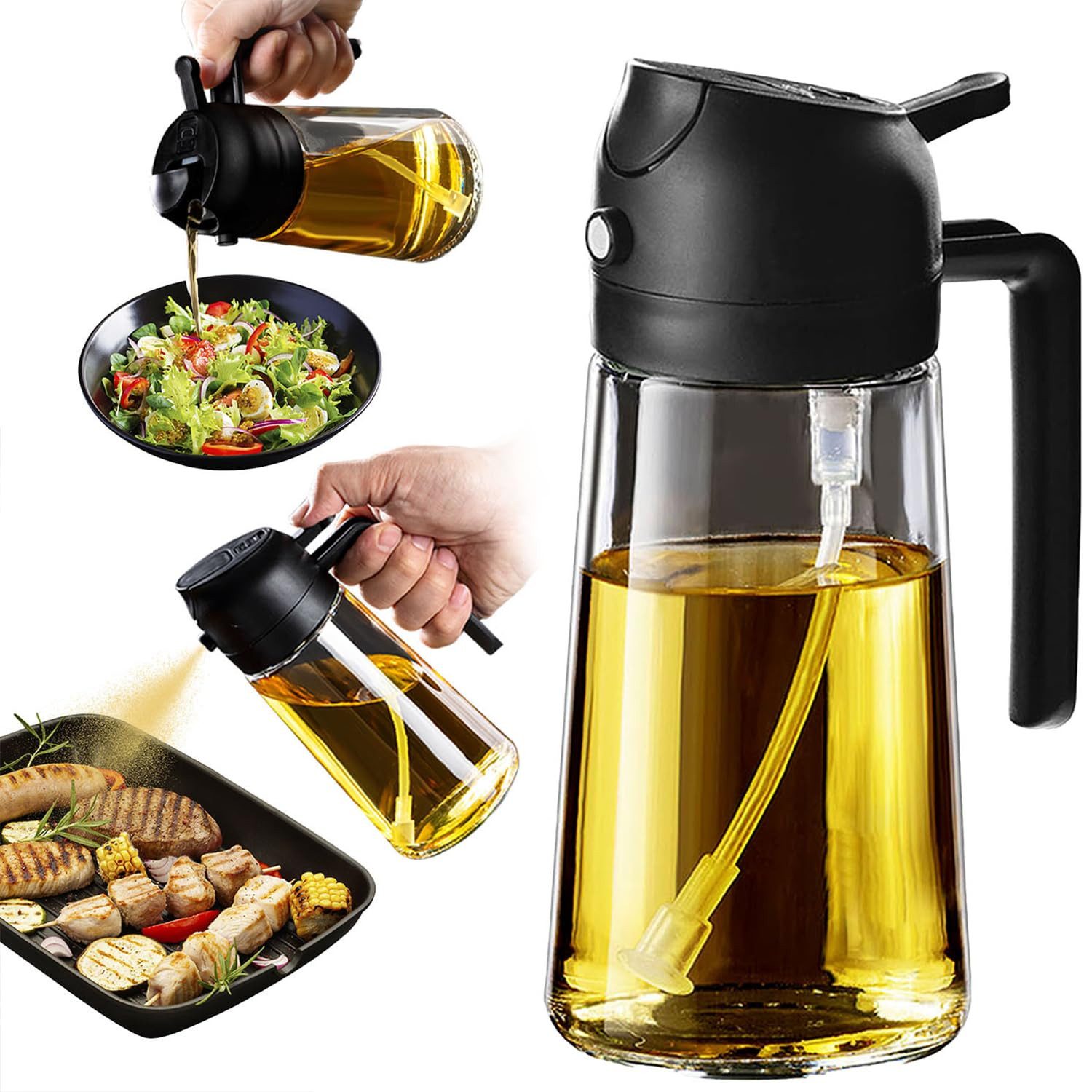 SURFOU Ölspender Ölsprüher 2-in-1 Ölsprühflasche Ölflasche Olivenöl Spray 470ml, Glas, (Glas-Ölspender mit Sprüh- und Ausgießfunktion – ideal für Küche, Heißluftfritteuse, Salat & BBQ – 470 ml, BPA-frei)