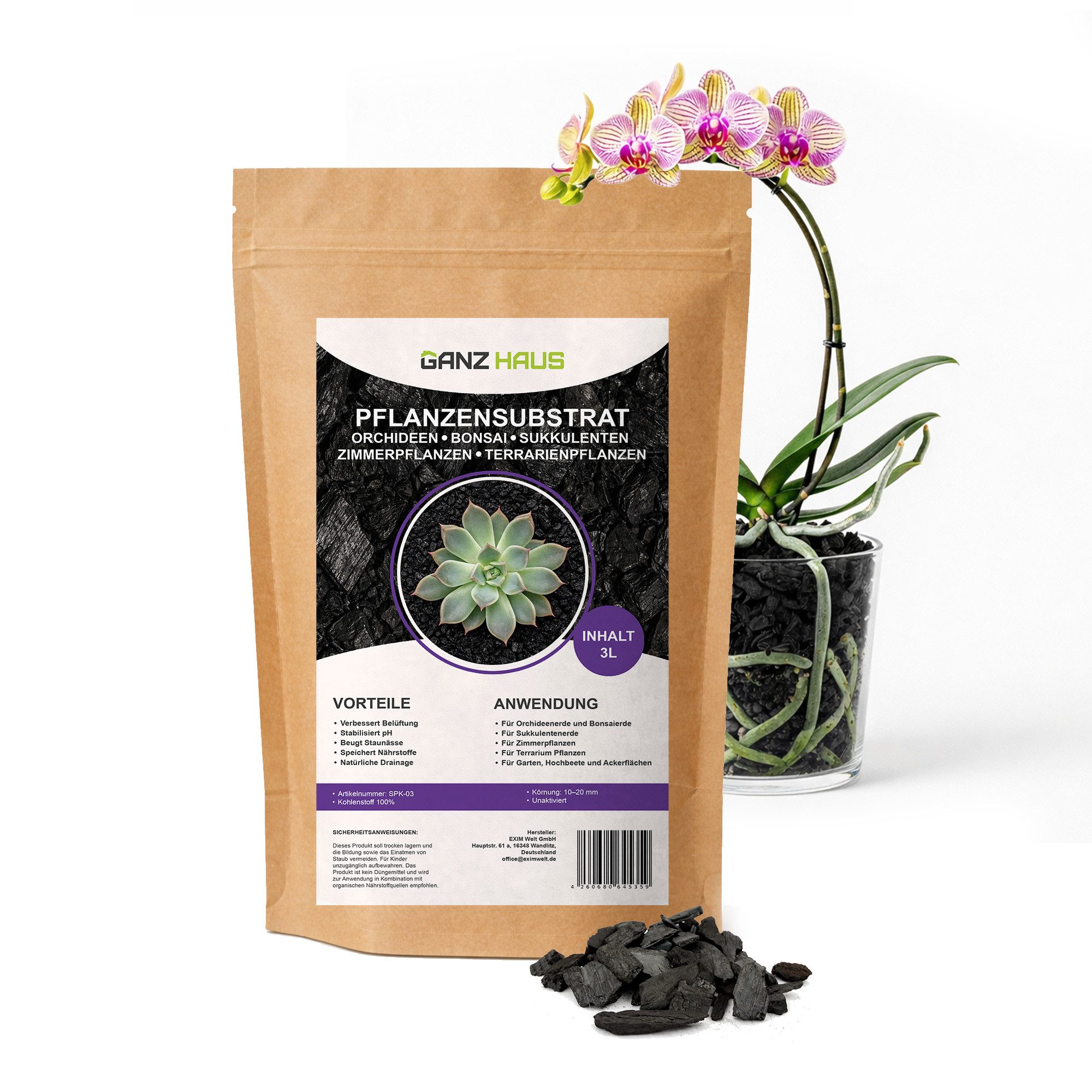 GanzHaus Pflanzgranulat Orchideensubstrat Bodenaktivator Charcoal Substrat Drainage Kohle, mit Pflanzenkohle Substrat, Aktivkohle für Orchideenerde Sukkulentenerde Bonsaierde Zimmerpflanzen