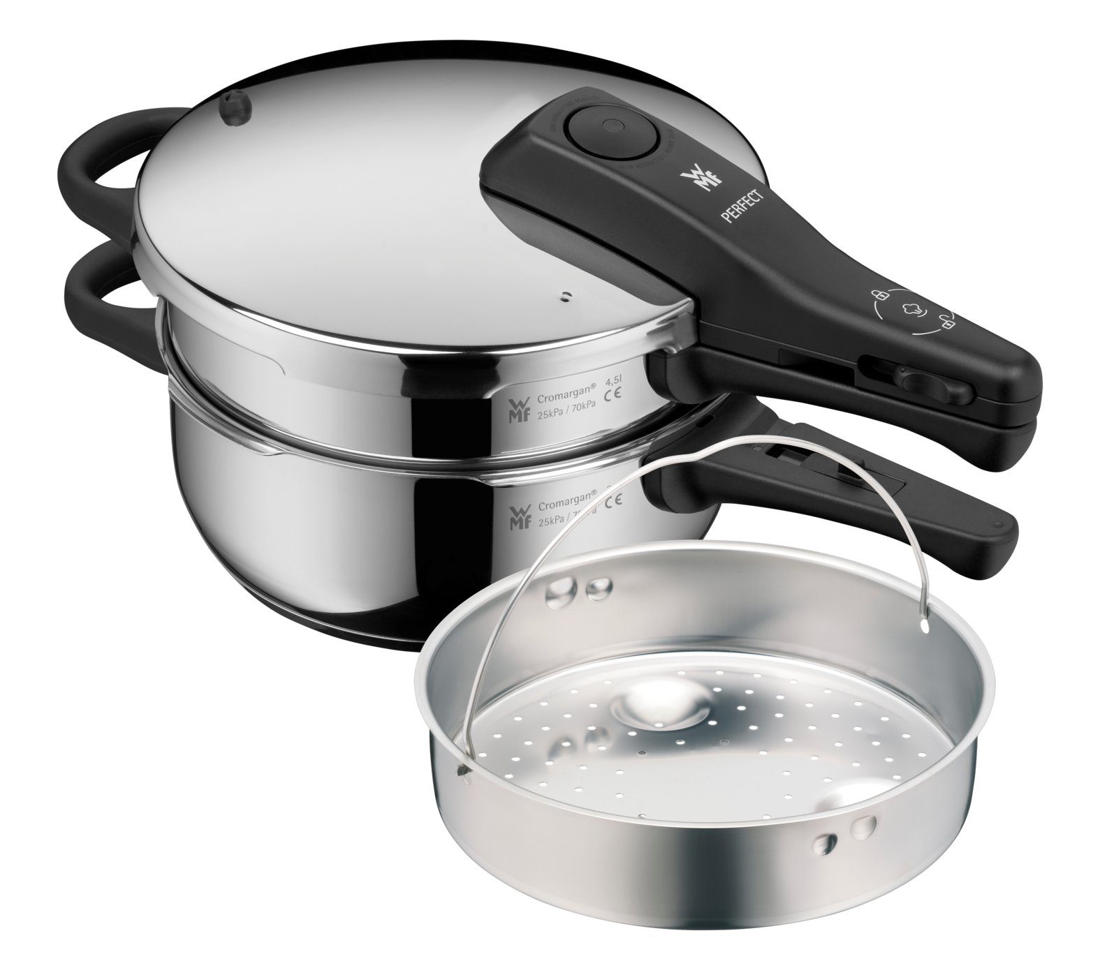 WMF Schnellkochtopf Perfect One Pot Schnellkochtopf-Set, 22 cm, 3&4,5 L, mit Dämpfeinsatz, Cromargan Edelstahl rostfrei 18/10 (2-tlg), 3-in-1 Kochtopf, Kochanzeige, 7-stufiges Sicherheitssystem