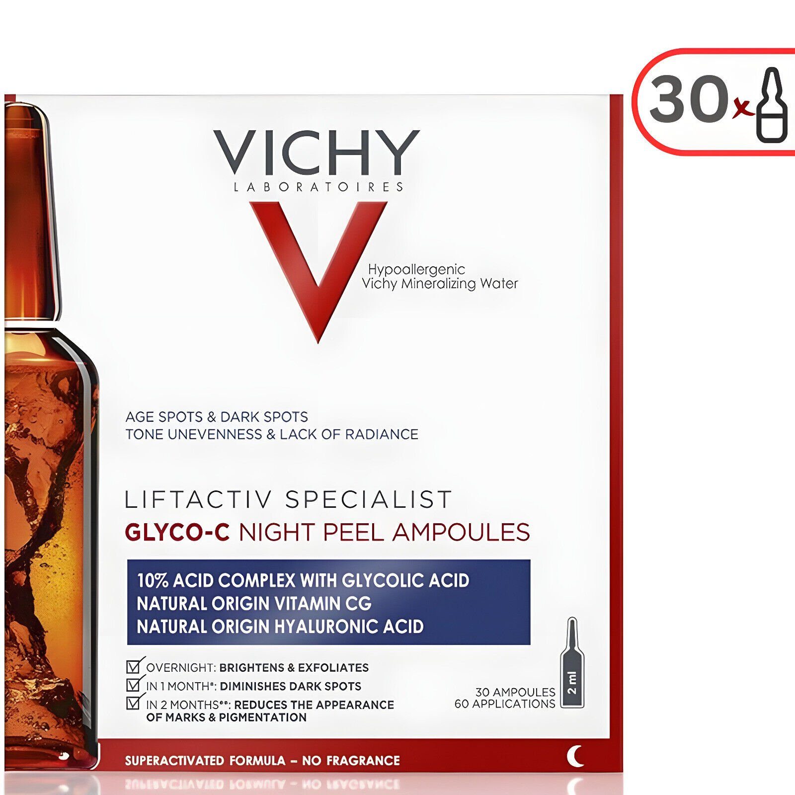 Vichy Gesichtspeeling LIFTACTIV Specialist Glyco-C Peeling Ampullen, 30x2,0 ml, Beseitigt Pigmentflecken und Aknenarben