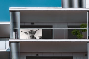 MuchoWow Balkonsichtschutz Schottischer Highlander - Schwarz - Weiß - Tiere (1-St) Balkonbanner, Sichtschutz für den Balkon, Robustes und wetterfest