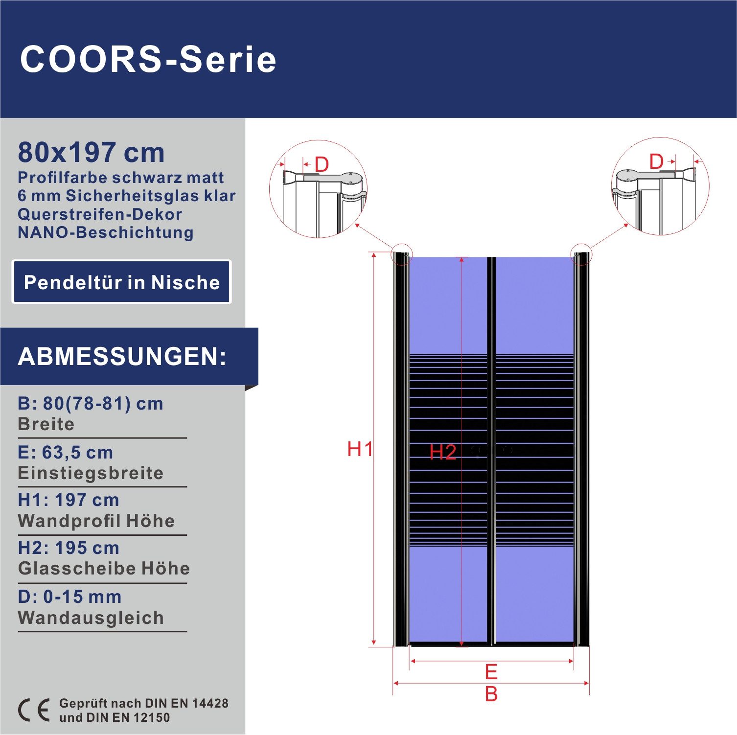 AQUALAVOS Dusch-Pendeltür Duschtür Nische Pendeltür Duschwand Schwingtür mit Dekor Querstreifen, 80x197 cm, 6 mm Nano Einscheiben-Sicherheitsglas, barrierefrei einbaubar, Türöffnung: Tür öffnet nach innen oder außen