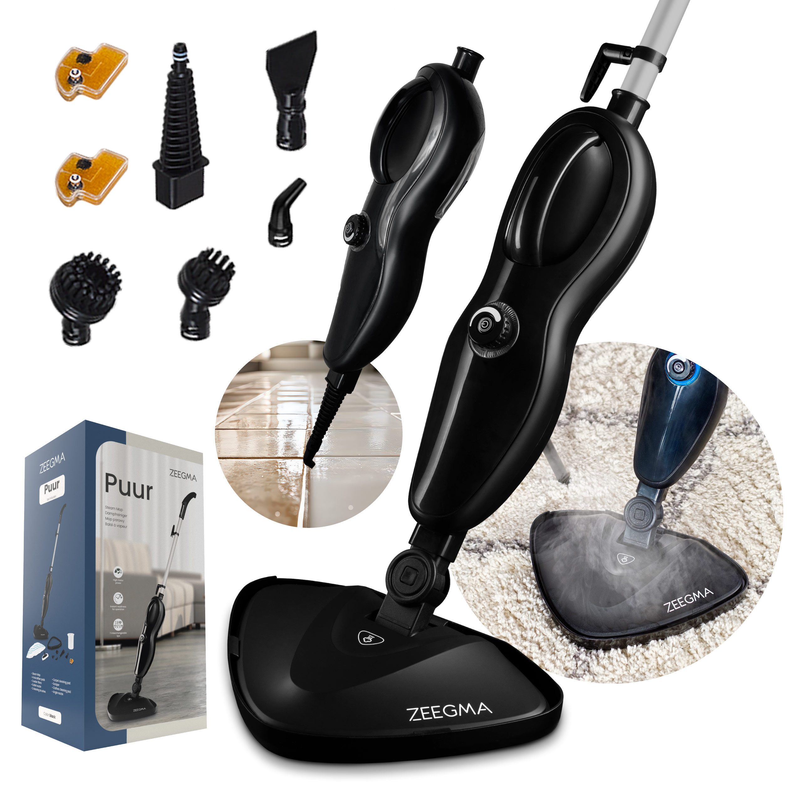 Zeegma Dampfreiniger PUUR, 1500,00 W, Abnehmbarer Wassertank, 1500 Watt 90-105°C 5m Kabellänge Licht 2,6kg 15in1