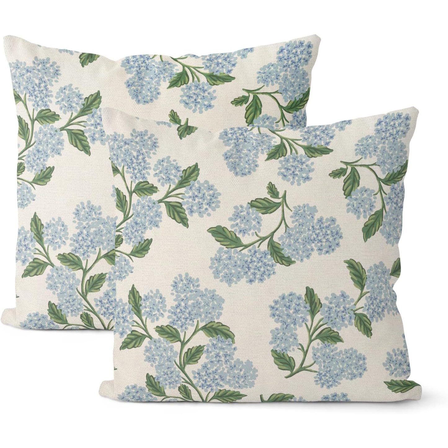 FOUORTUNATE-BEE Kissenbezüge 2er Set Blau-Grün Hortensien-Blumenmuster Frühlings-Kissenhüllen, (2 Stück), Vintage-Zierkissenbezüge für Sofa
