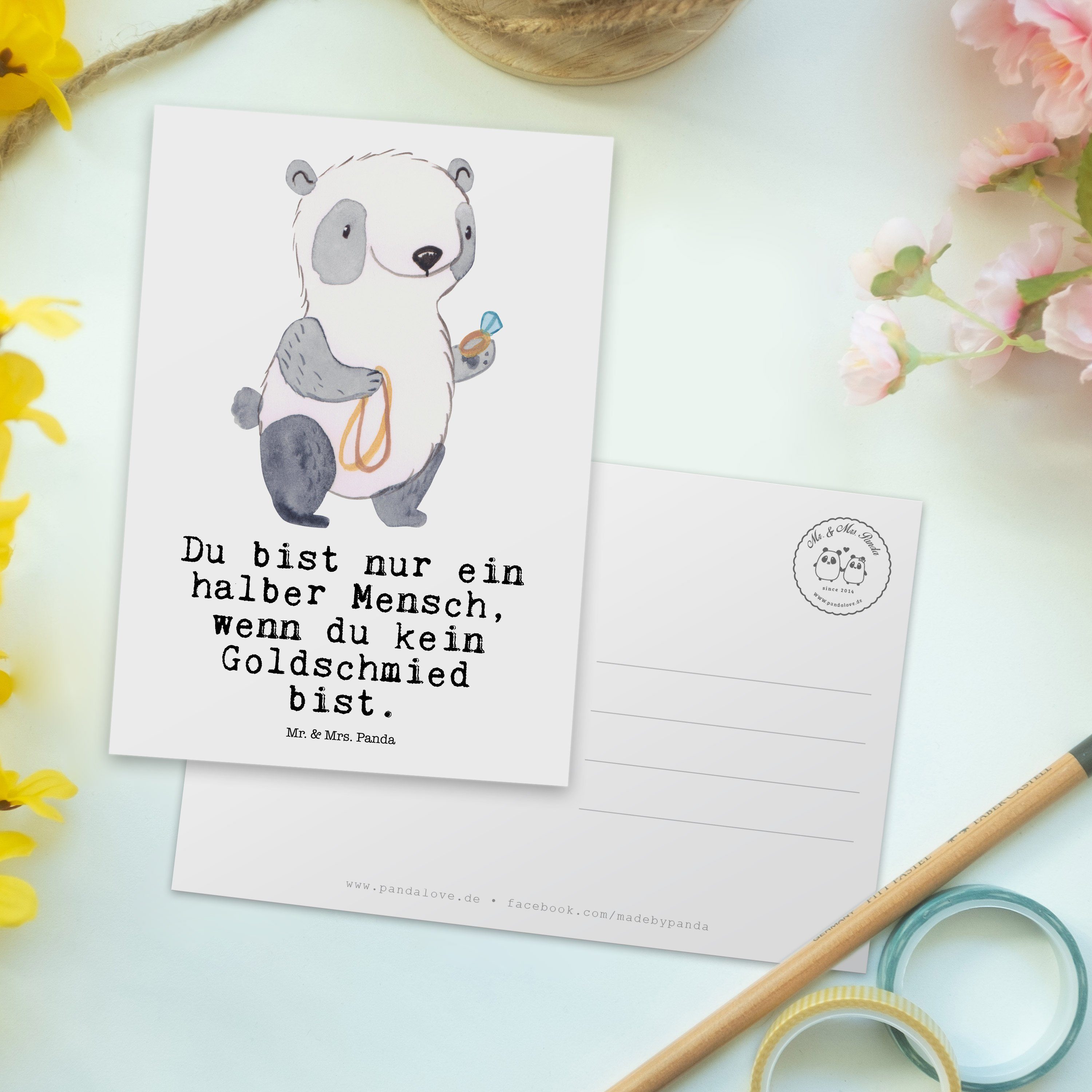 & Mrs. Ansichtskart Mr. Schmuckgeschäft, Panda Weiß mit Goldschmied - Herz Postkarte - Geschenk,