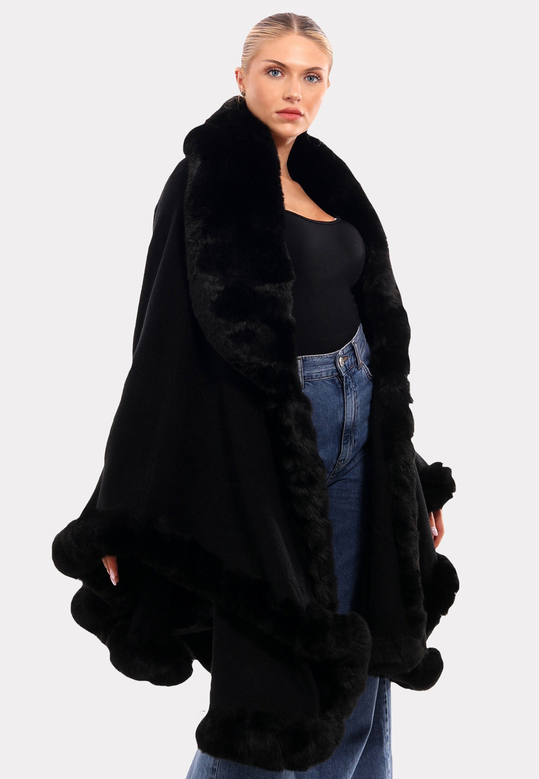 YC Fashion "Edler Poncho schwarz mit Fließender Luxuriösem Style Unifarbe Poncho (1-St) Kunstpelz-Besatz" & in