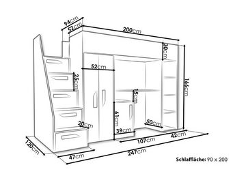 QMM TraumMöbel Hochbett PARIS 4 mit Schreibtisch Schrank Regal und Treppe Hochglanz (mit Treppe, Schrank, Schreibtisch & Regal)