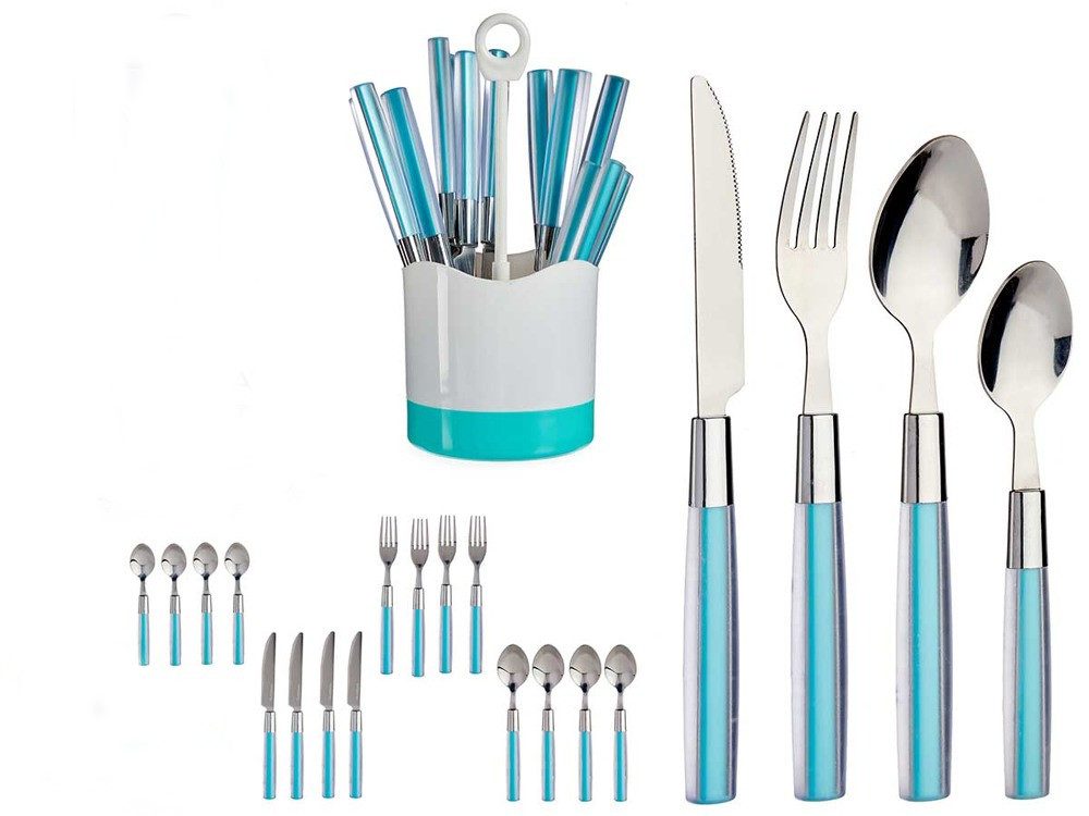 Besteck-Set Besteckset 16 Teilig Edelstahl-Kunststoff Griff & Halter Messer Gabel