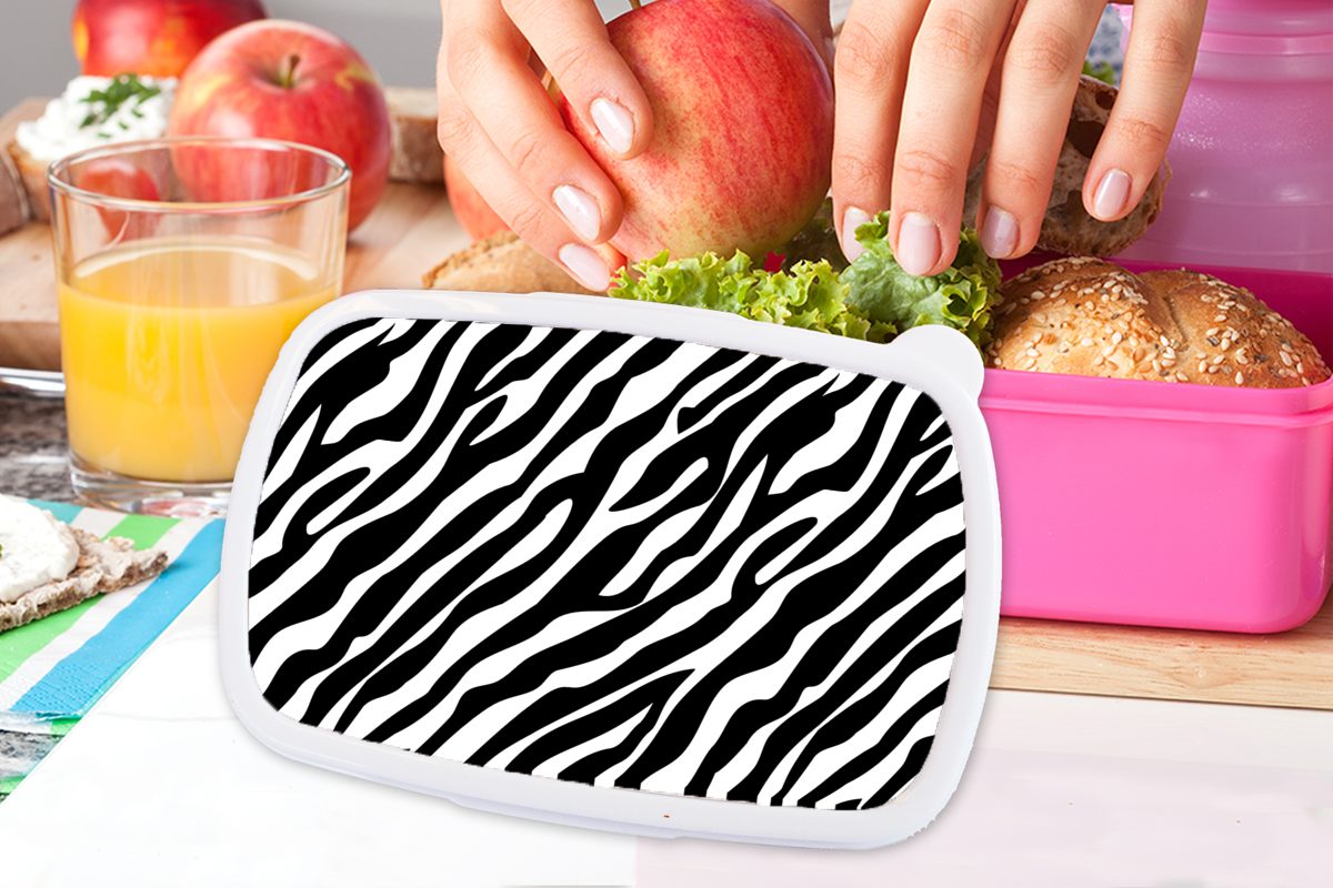Mädchen, Gestaltung, MuchoWow Snackbox, Brotdose Erwachsene, Kinder, Lunchbox - (2-tlg), für - Tiere Zebra Brotbox rosa Kunststoff Kunststoff,