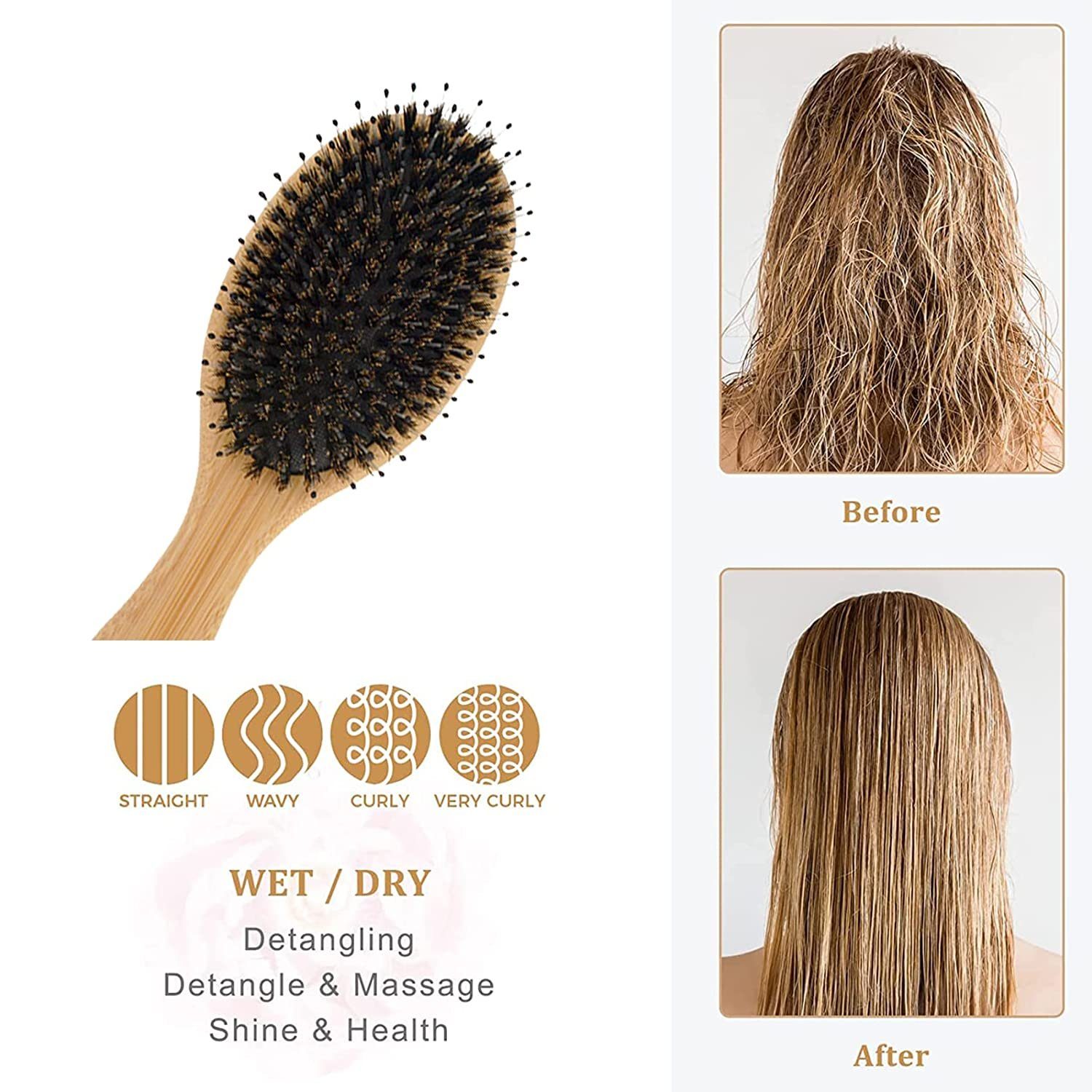 COOL-i ® Haarentwirrbürste, Weiche Naturhaarbürste mit Wildschweinborsten aus Bambus