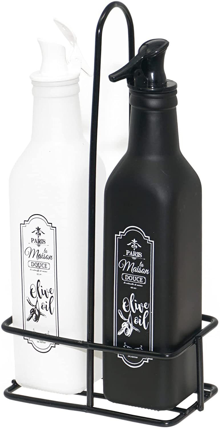 Lashuma Ölkaraffe Schwarz-Weiß, (Set, 2-tlg., 250 ml), Öl Flaschen Glas, Ölspender mit Halterung