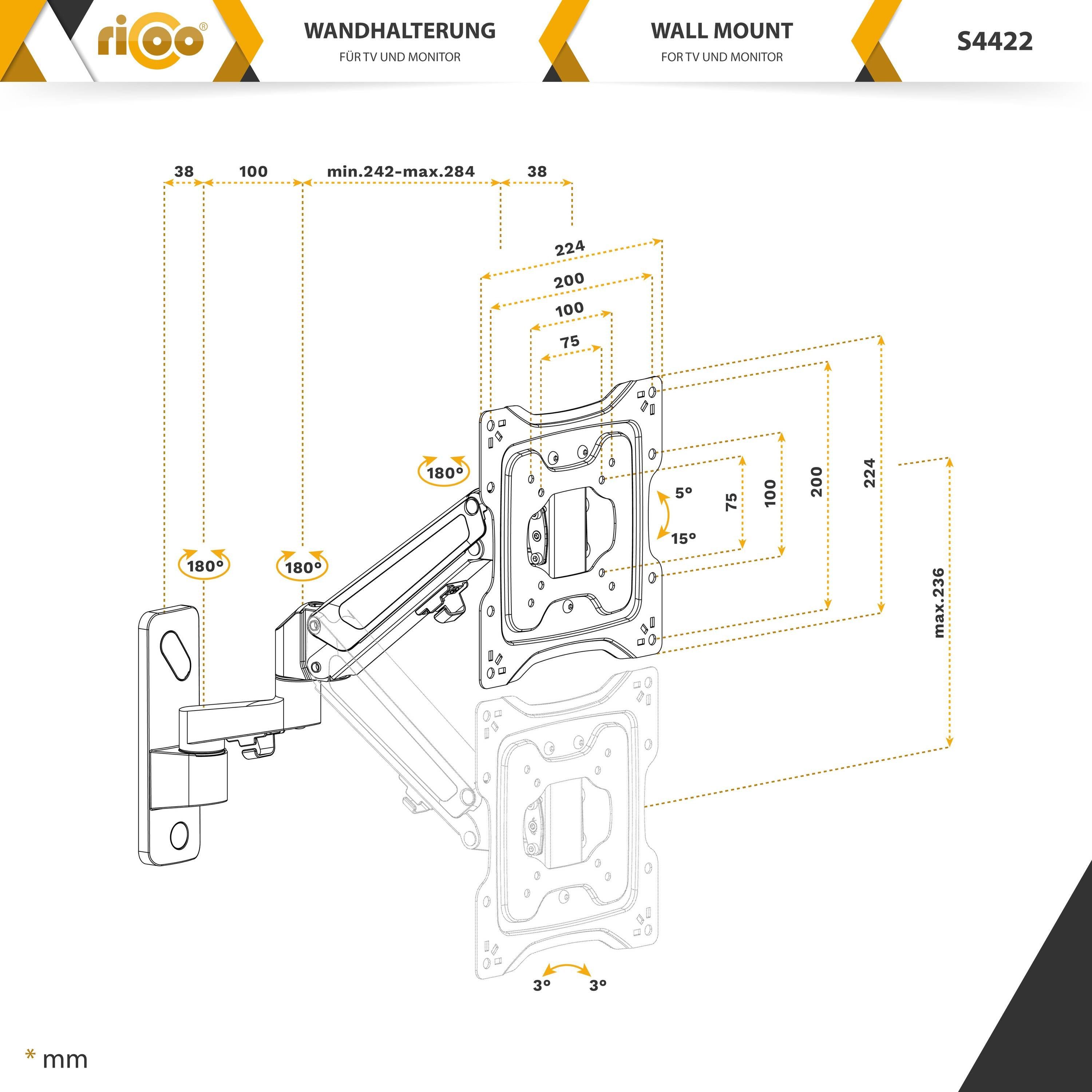 43 (bis Fernseher Halter TV-Wandhalterung, VESA Gasfeder S4422 schwenkbar neigbar ausziehbar 200x200) RICOO Zoll,