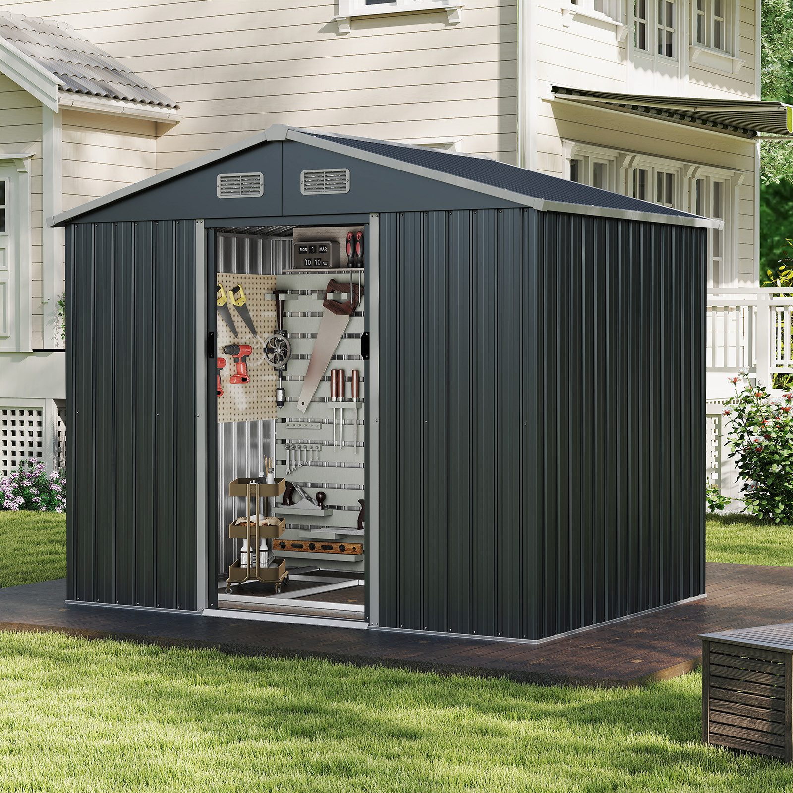COSTWAY Gerätehaus, BxT: 236x172 cm, Geräteschuppen, mit 4 Luftventile & Bodenbasis