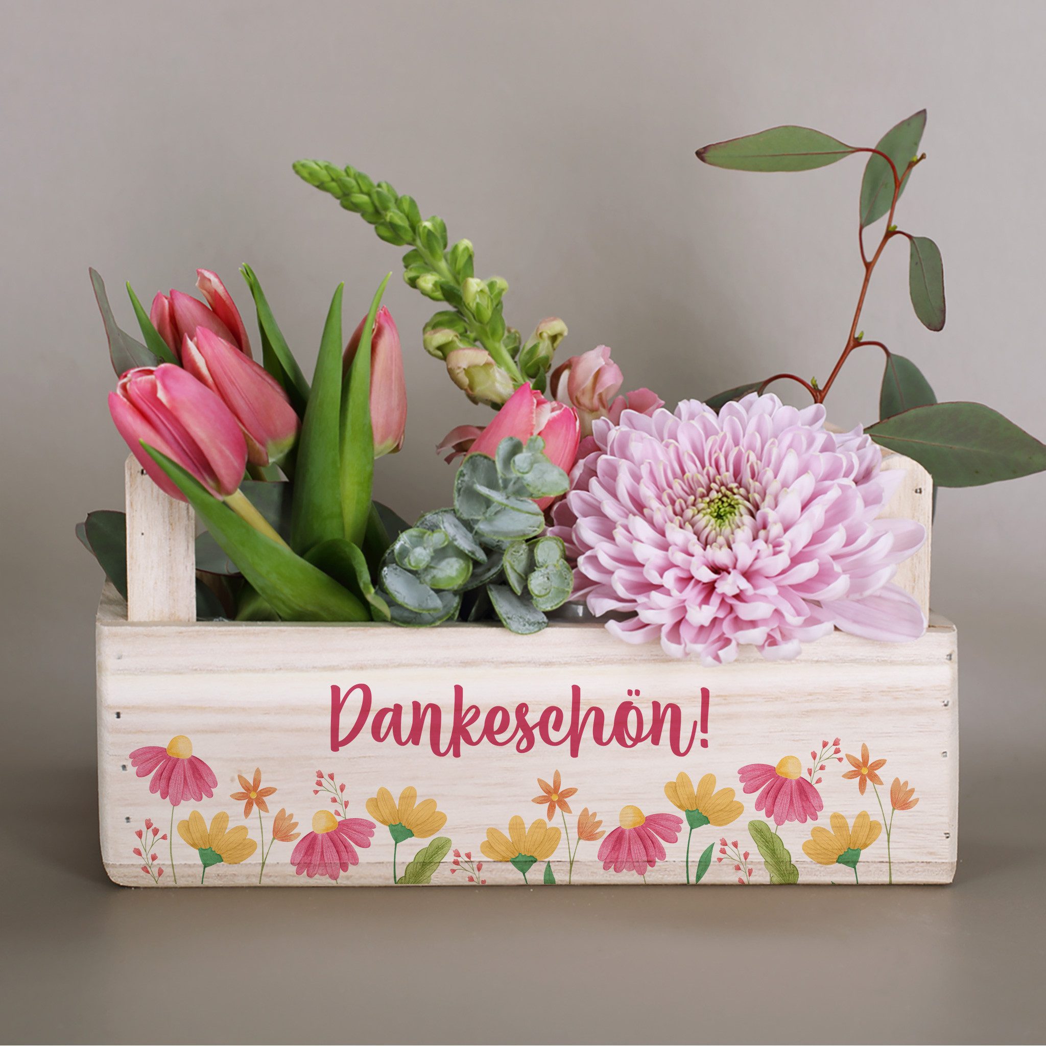 Herz & Heim Geschenkbox aus Holz - Geschenkkorb mit Blumen Motiv als Geschenkverpackung, mit Holzgriffen