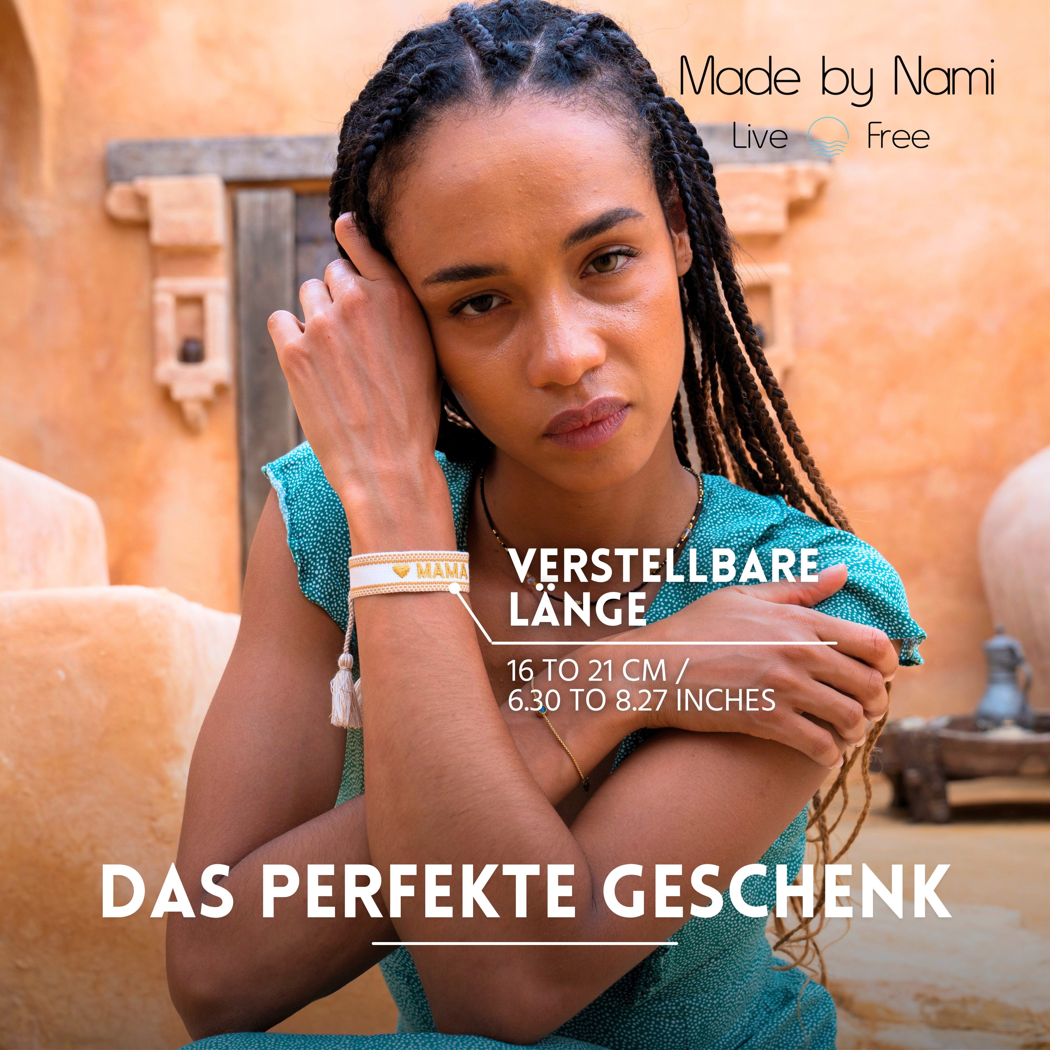 Made by Nami Armband Gewebt Damen mit Schriftzug in verschiedenen Varianten Glücksbringer, Freundschaftsarmband Geschenke für Frauen Geschenke für Mama