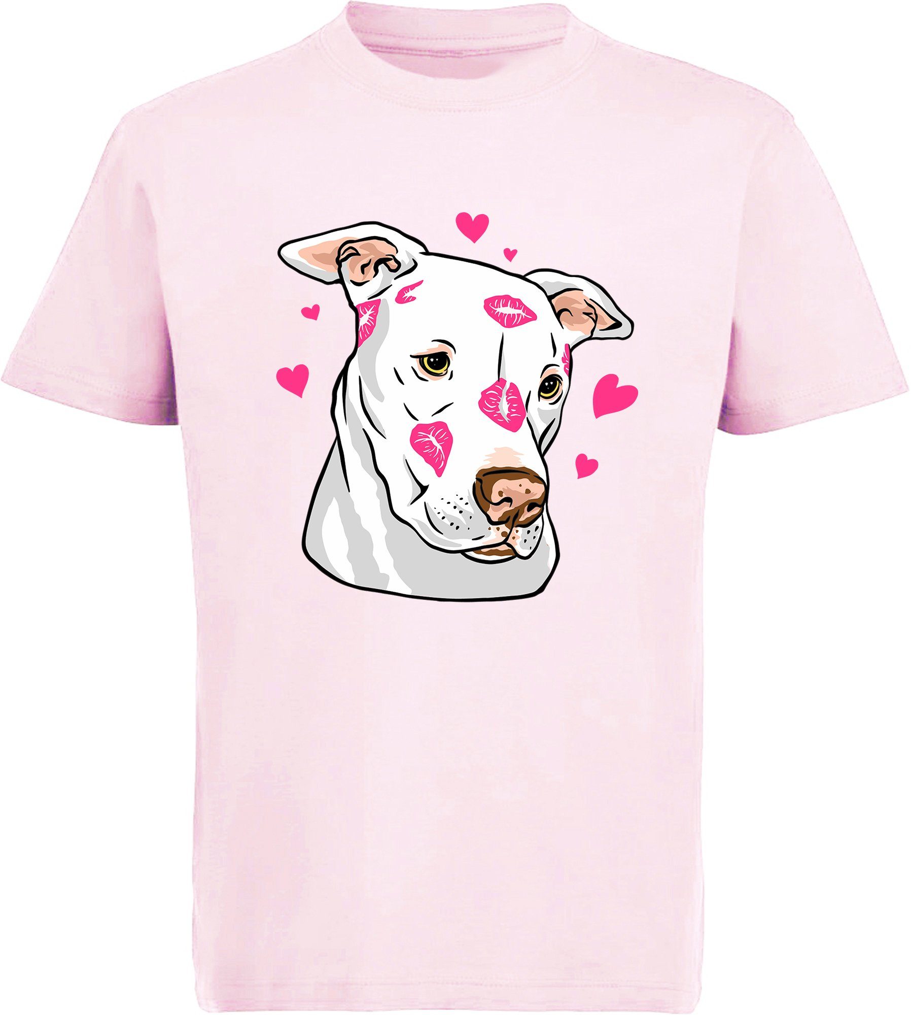 MyDesign24 Print-Shirt bedrucktes Kinder Hunde T-Shirt - Pitbull mit Herzen Baumwollshirt mit Aufdruck, i229 rosa