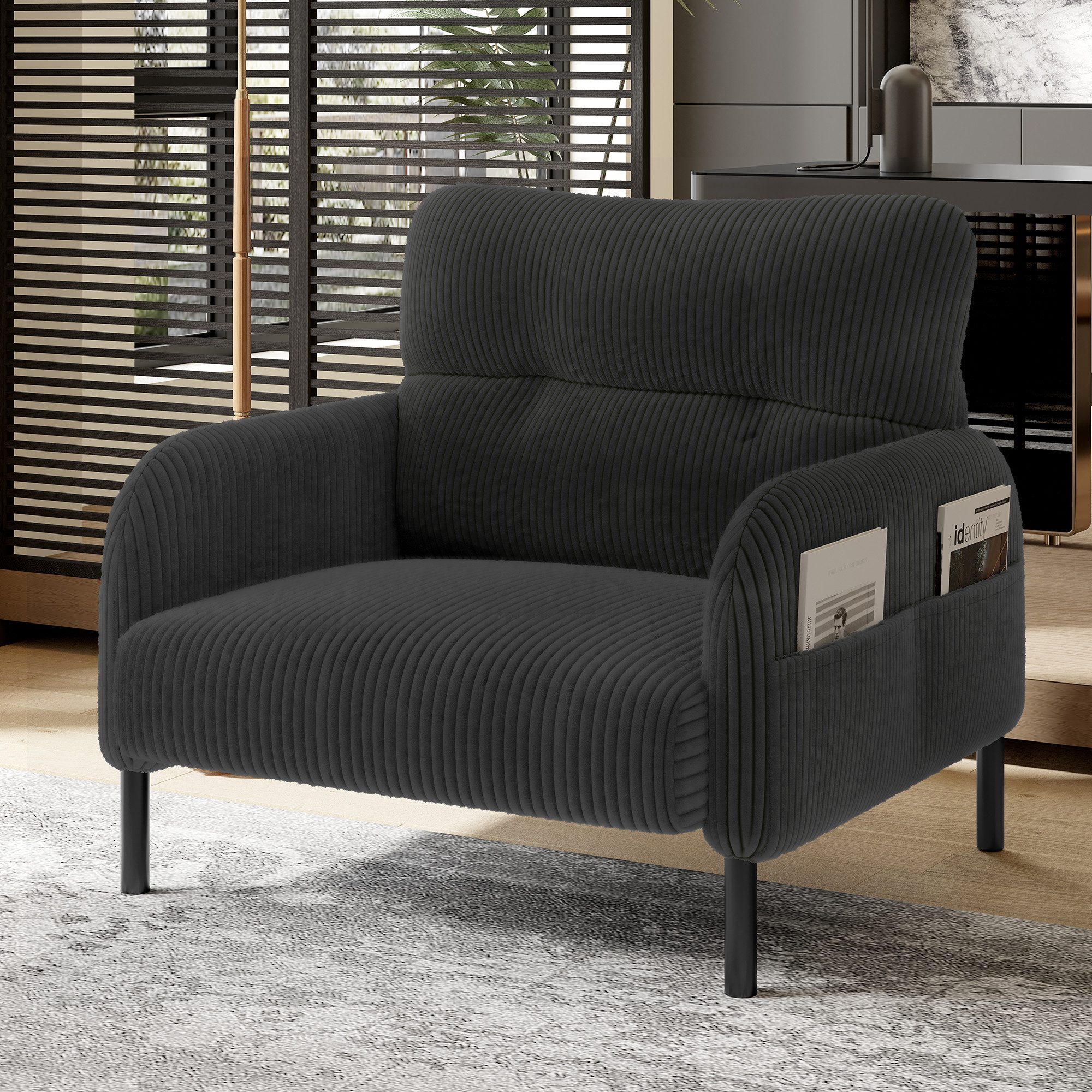 Celya Sessel Relaxsessel Polsterstuhl Loungesessel, Cordstoff (1-St, 67x75x79 cm, Armlehnen mit Seitentaschen auf beiden Seiten), geeignet für Wohnzimmer, Schlafzimmer und Arbeitszimmer
