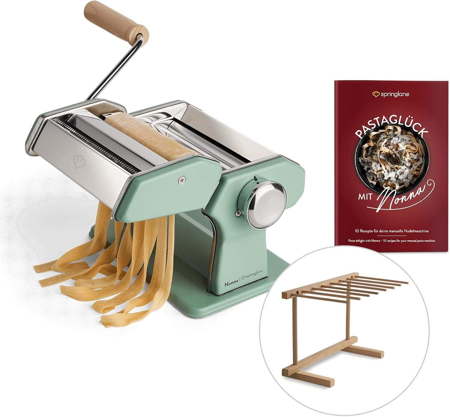 Springlane Nudelmaschine - Manuelle Nudelmaschine aus Edelstahl - Pastamaker inkl. Rezeptbuch, Nudeltrockner & 3 Schneideaufsätze, 9 Teigdicke-Stufen