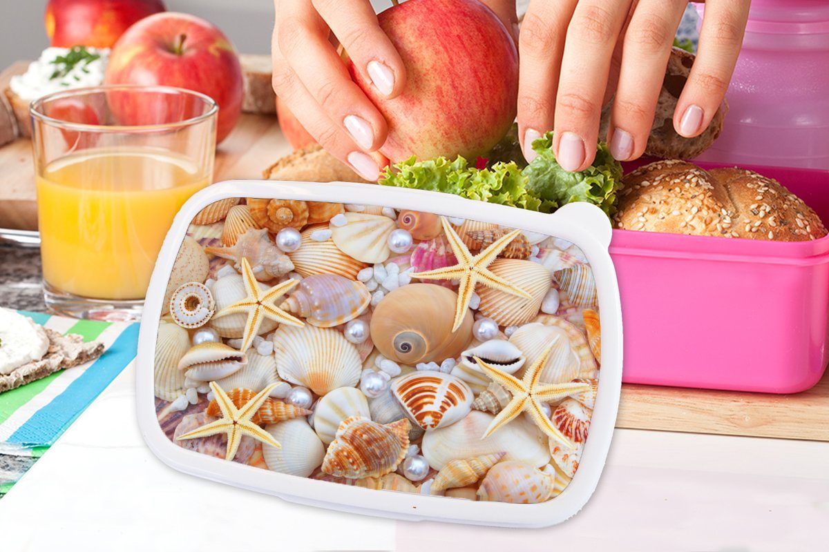 MuchoWow Lunchbox Kinder, - für - Brotbox - Perlen Erwachsene, Strand, (2-tlg), Kunststoff Muscheln Snackbox, Kunststoff, Mädchen, rosa Seesterne Brotdose