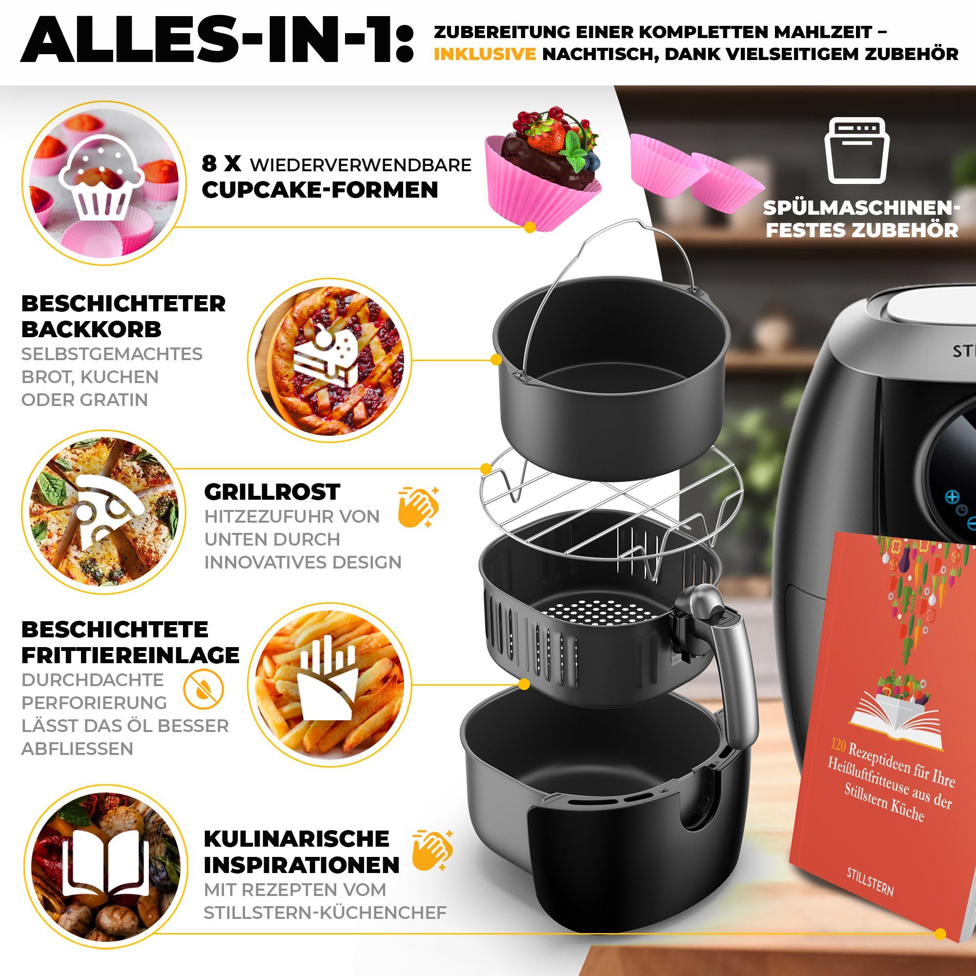 Rezepte, Automatikprogramme, 3G FryHD LED-Display, 5L, 120 Stillstern 7 Heißluftfritteuse, Heißluftfritteuse XL, Schwarz