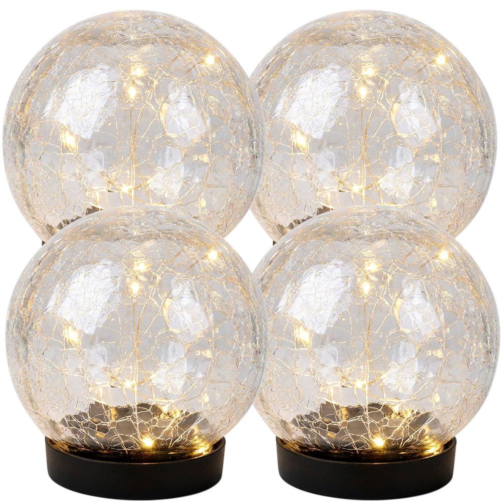 Expo Börse LED Dekolicht, LED-Leuchtmittel fest verbaut, Warmweiß, 4x Solarleuchte Außen Solarlampe Glaskugel Crackle klar LED D 12 cm