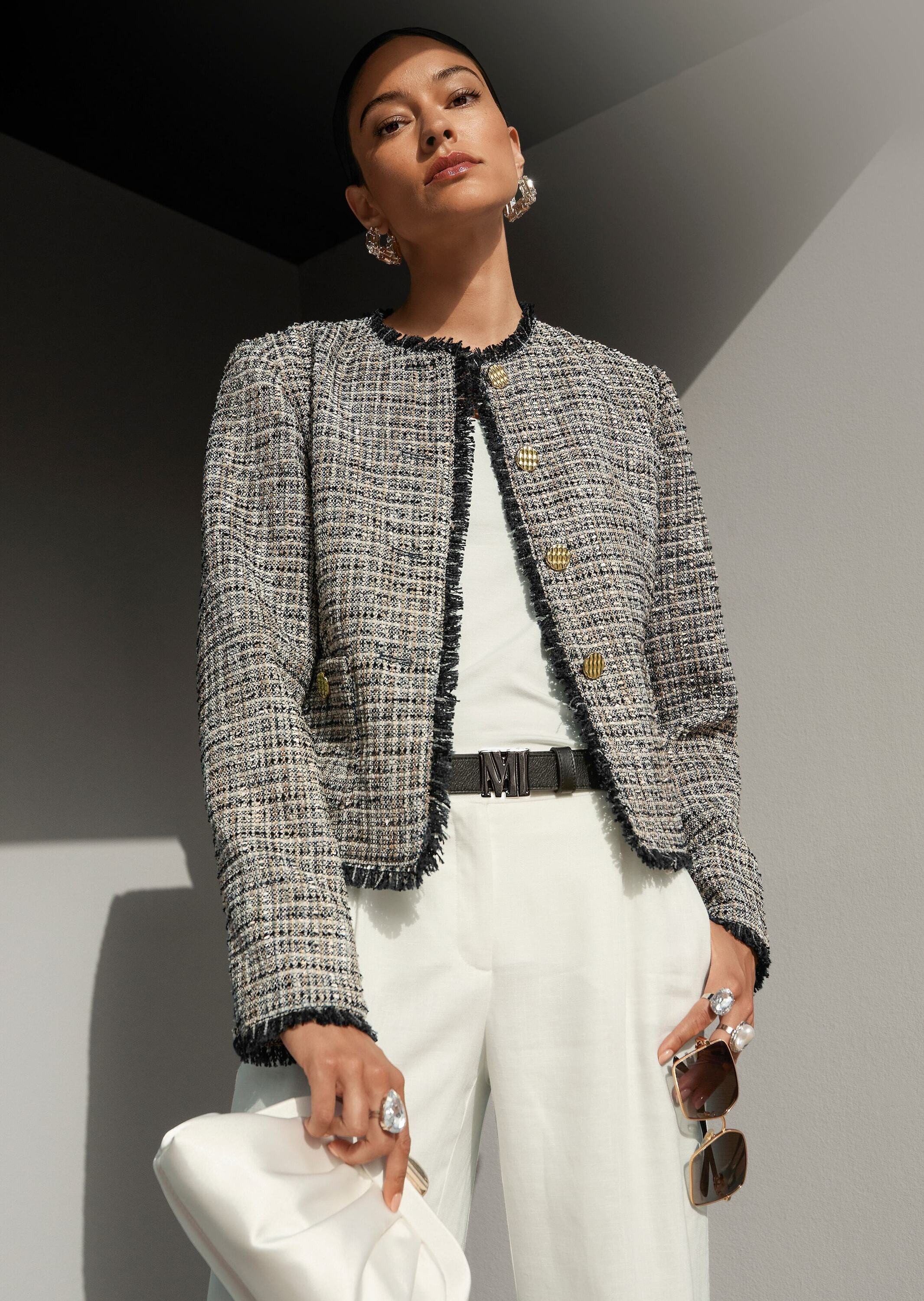 MADELEINE Kurzblazer Tweed-Blazer mit Fransendetails Kurzblazer mit Rundhals, Knopfleiste, Taschen und Langarm