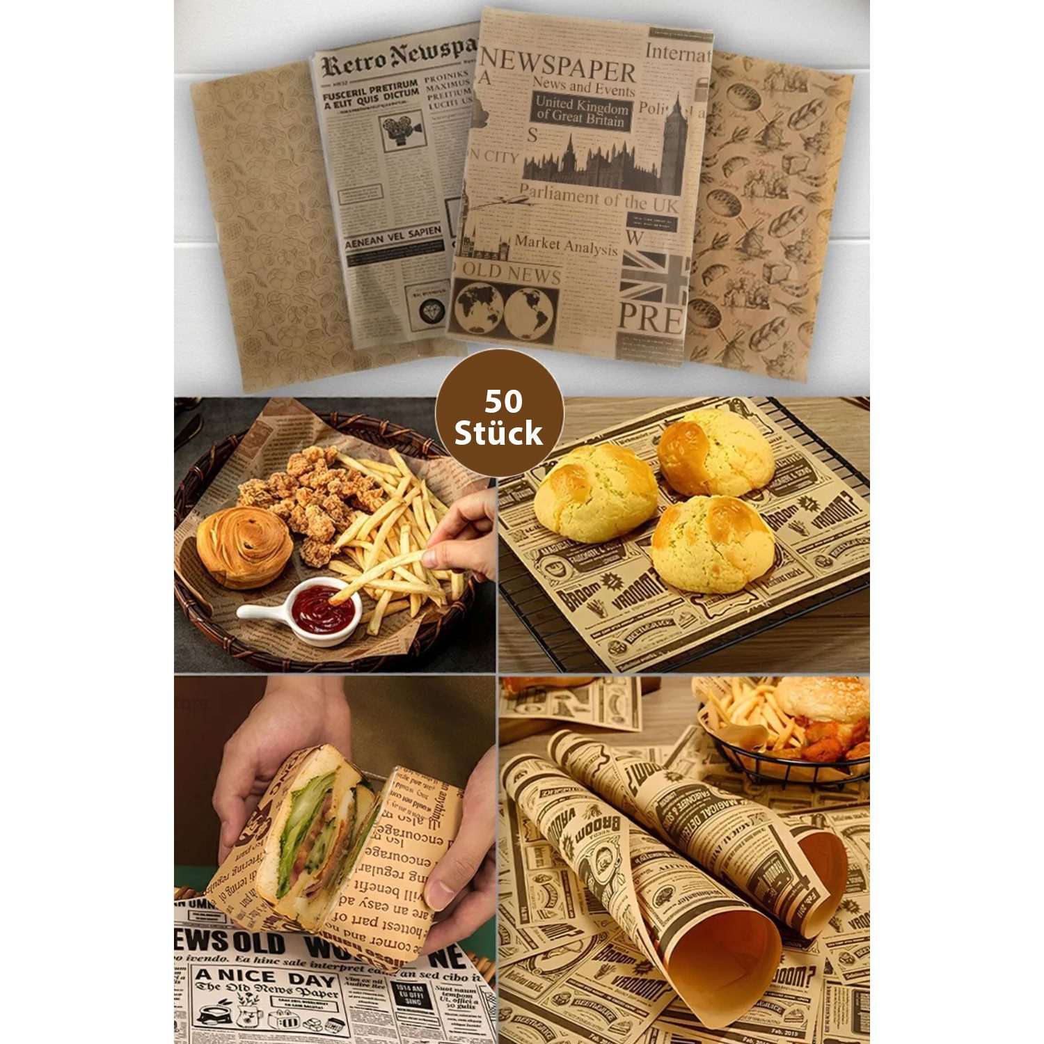 Jungengel Backpapier Vintage 50x Stück Hamburgerpapier Einschlagpapier Fettdicht 26x36 cm, Original-Holzzellstoff, Lebensmittelkomform, Vintage & Retro