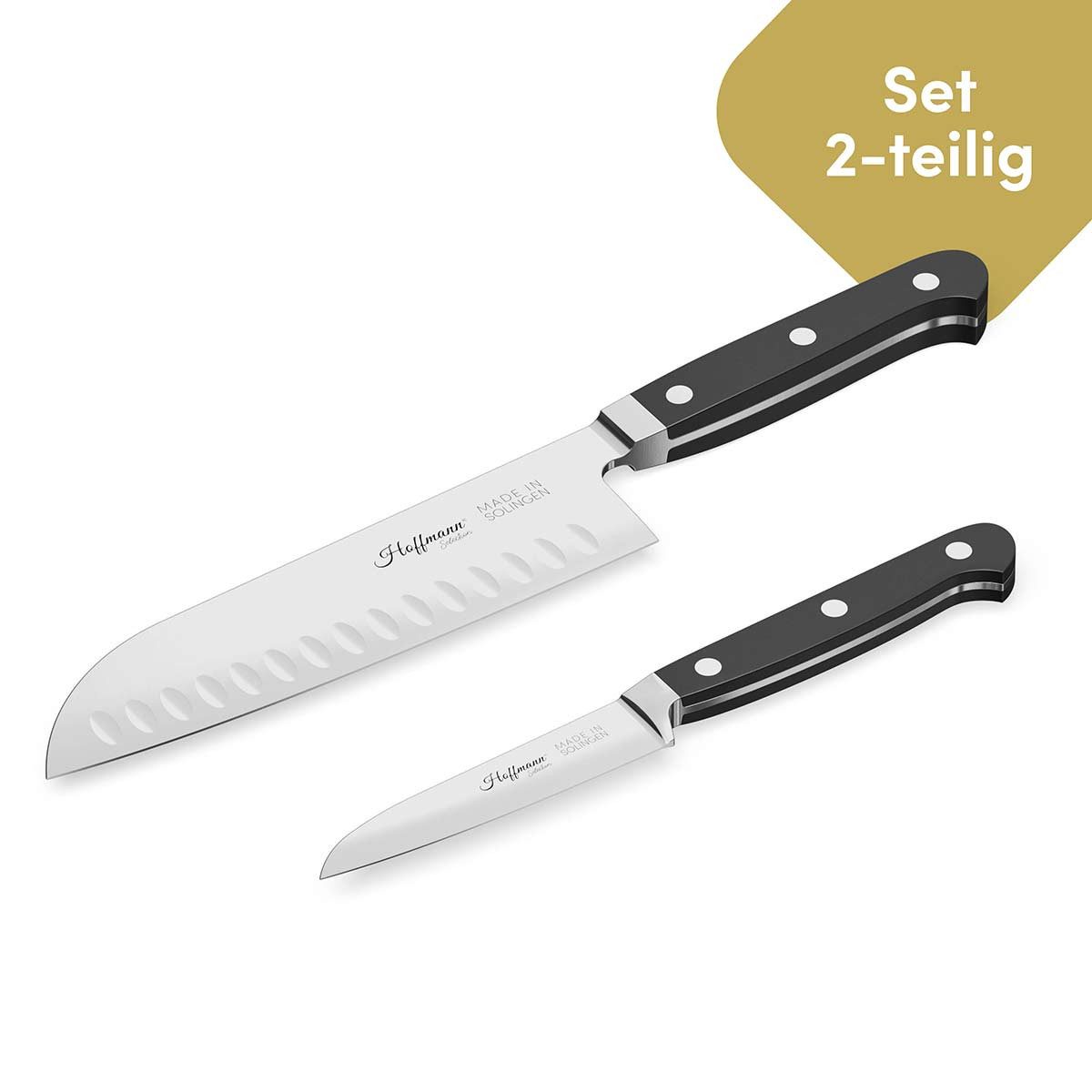 Hoffmann Germany Messer-Set Santokumesser 18 cm & Gemüsemesser 9 cm – Made in Solingen (Set, 2-tlg., 1x Santokumesser 18 cm + 1x Gemüsemesser 9 cm), handgeschmiedet, X50CrMoV15, 58 HRC, Santoku + Gemüsemesser