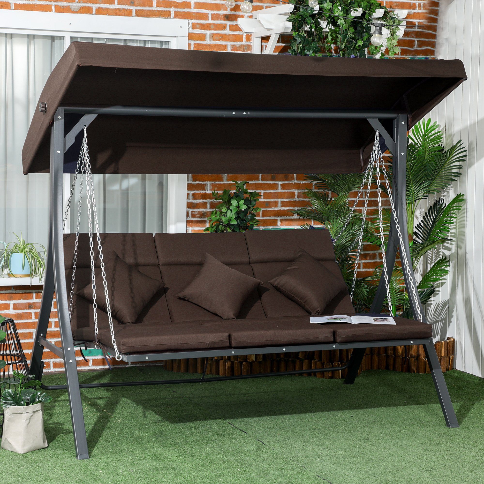 Outsunny Hollywoodschaukel Gartenschaukel mit Sonnendach, 3-Sitzer, günstig online kaufen