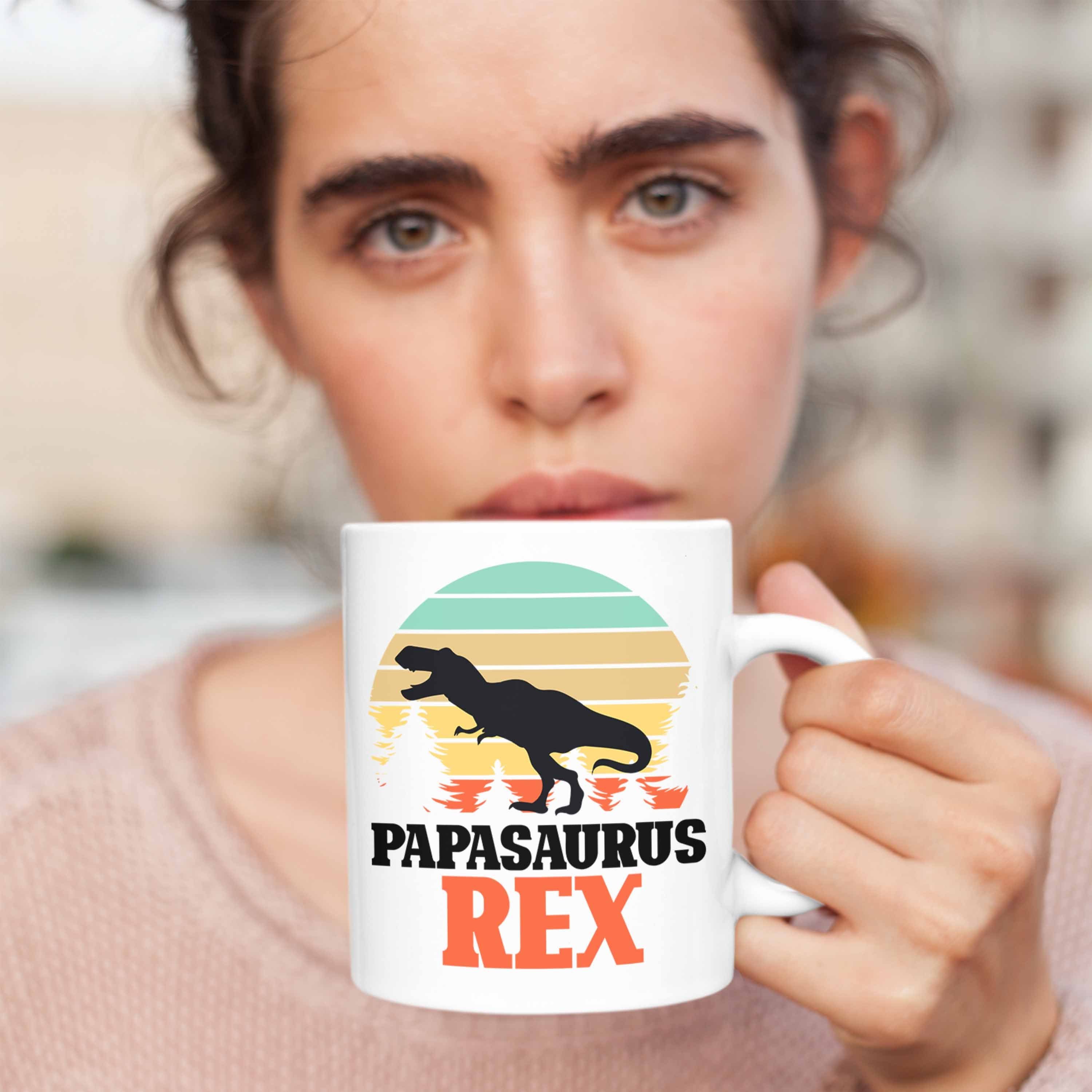 Trendation Tasse Papasaurus Rex Geschenk Vatertag für Papa Weiss Tasse Vater Lustiges Gesche