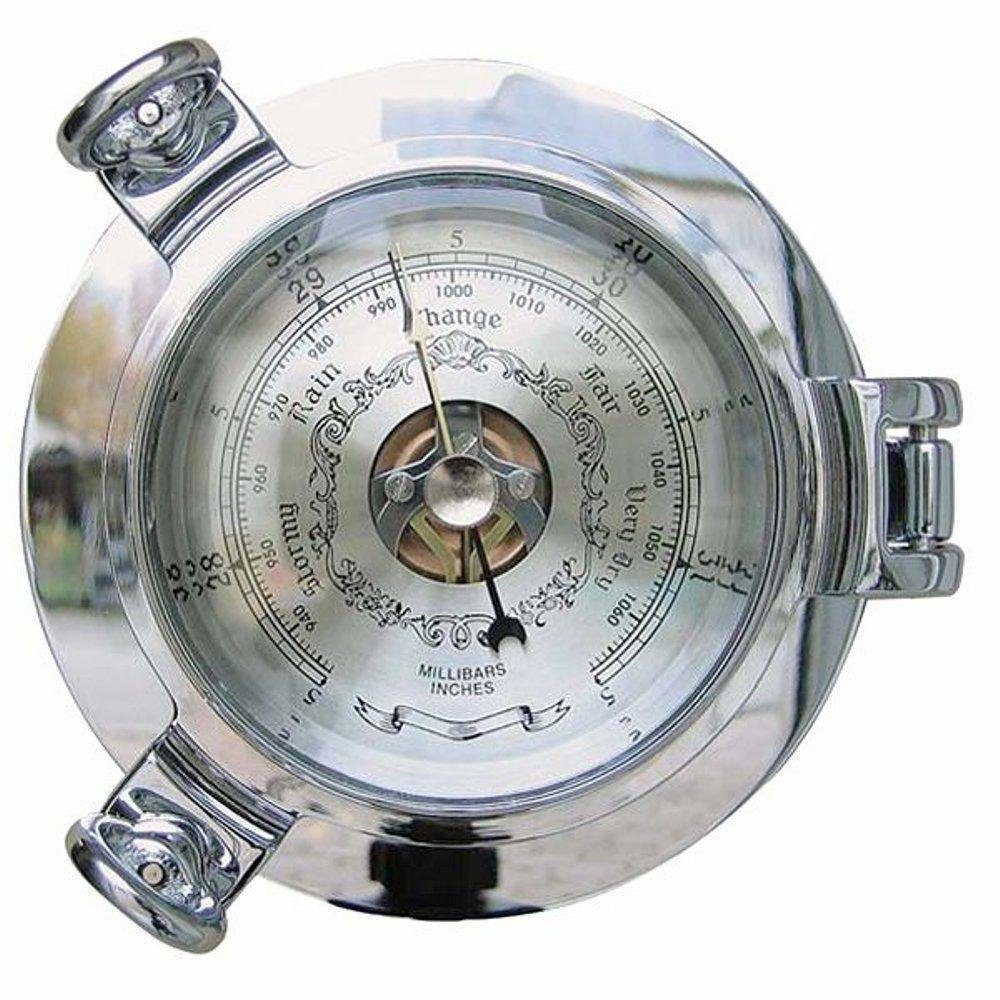 Linoows Dekoobjekt Barometer im Bullauge, Schiffsbarometer vernickelt, Großes Dosenbarometer vernickelt Ø 14 cm