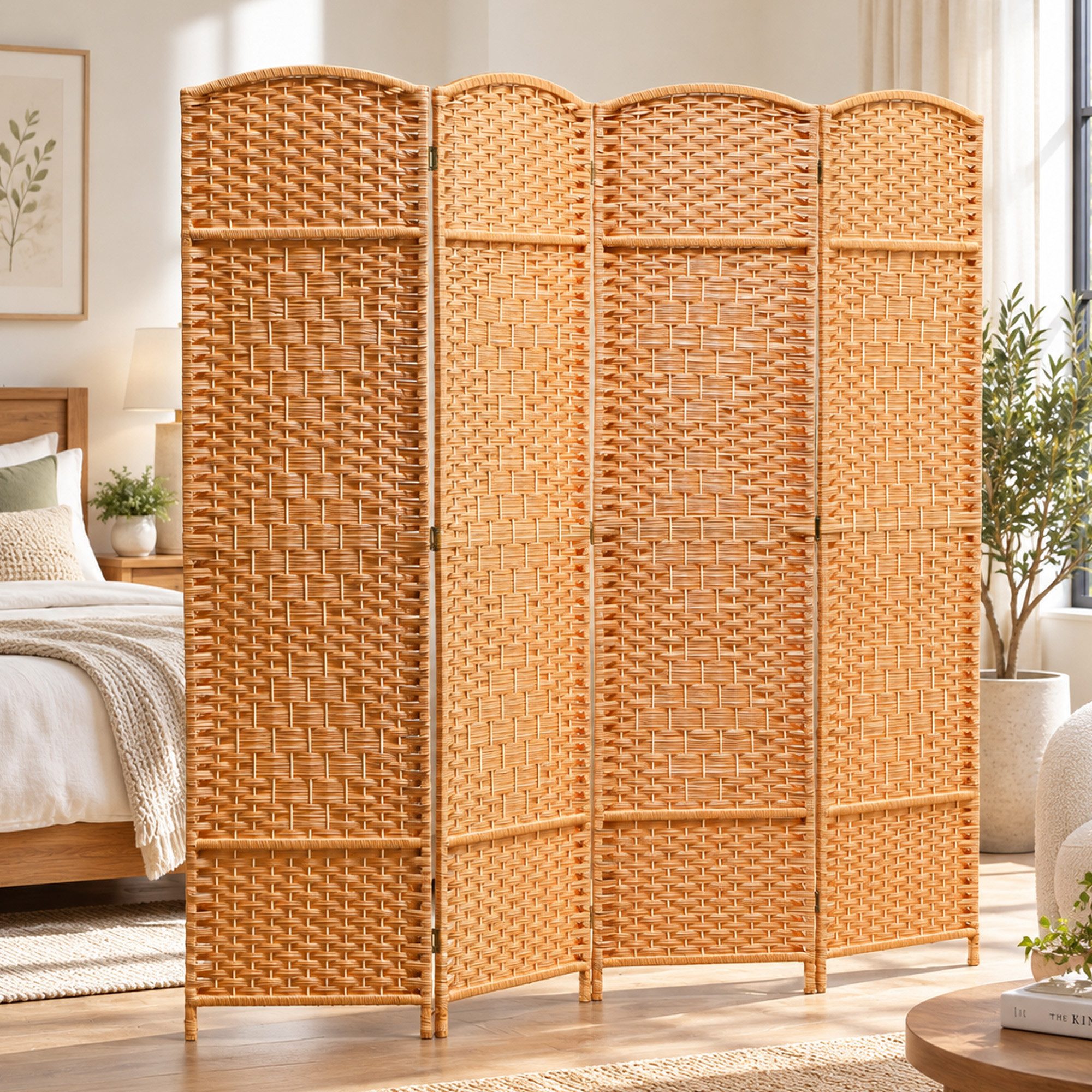 HOMCOM Paravent Raumtrenner Stellwand Sichtschutz Naturholz (Raumteiler, 4 St., Trennwand), für Wohnzimmer 180 x 180 cm Braun