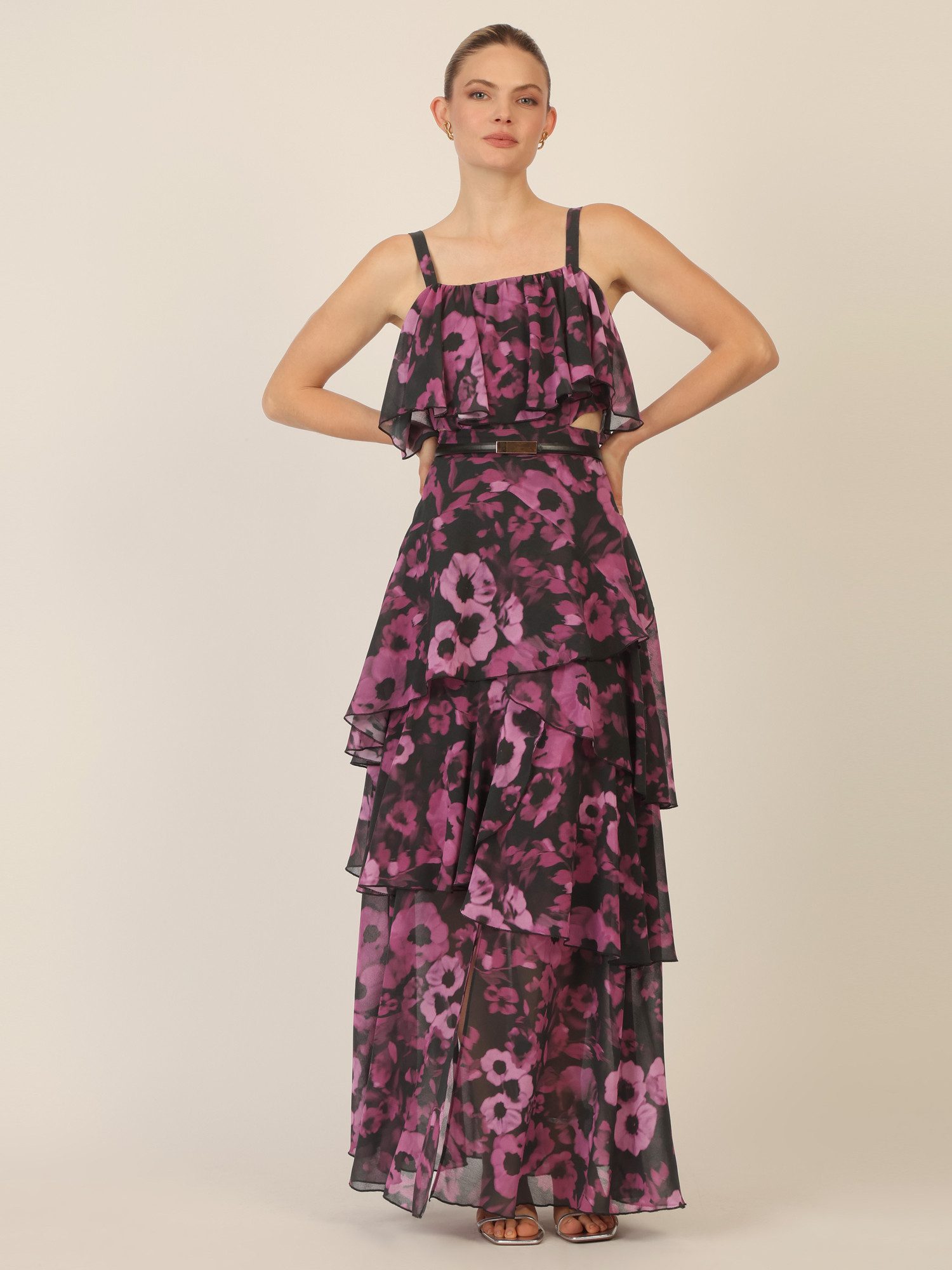 Apart Chiffonkleid mit Volants und Metallic-Gürtel günstig online kaufen
