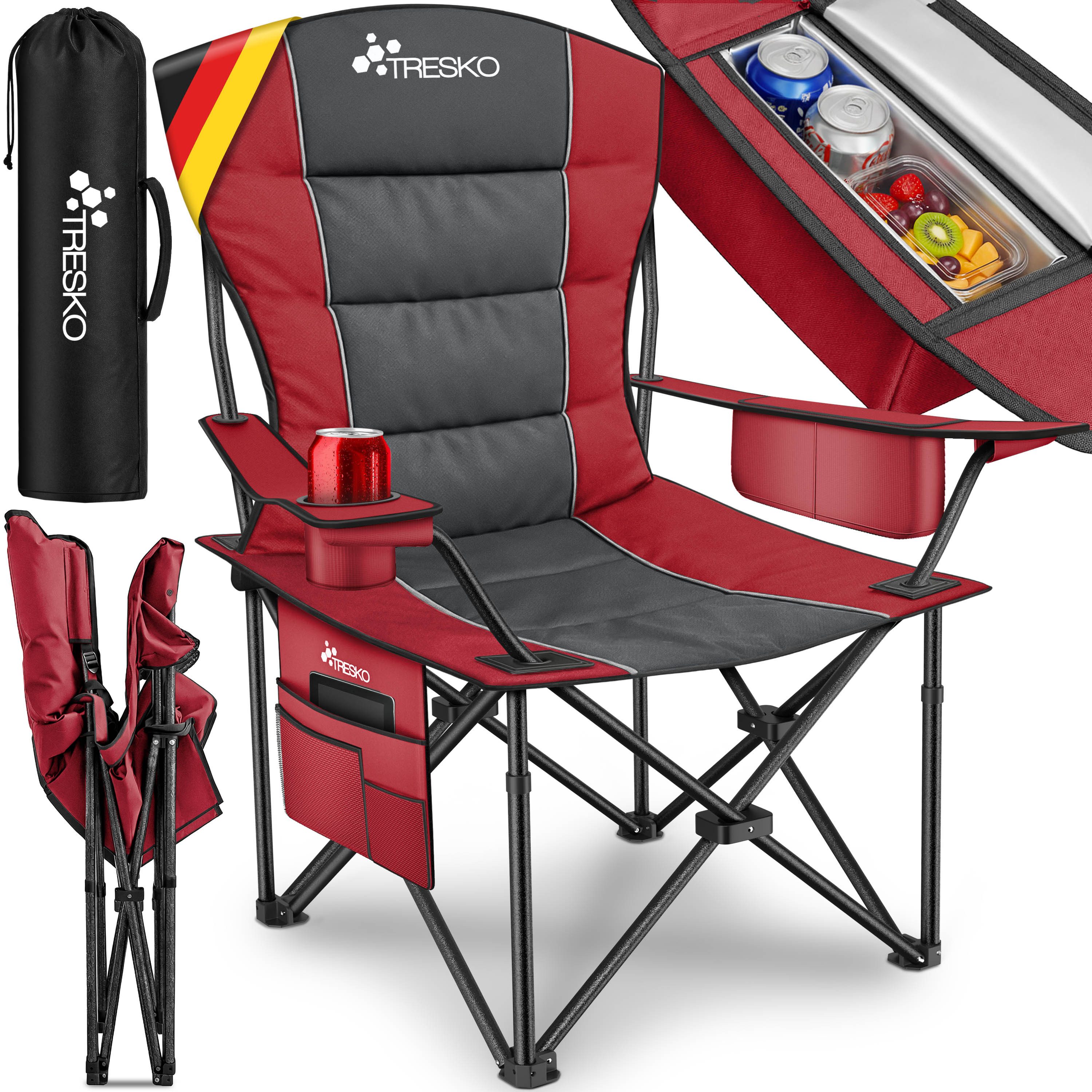 TRESKO Campingstuhl Faltbar bis 200kg Faltstuhl mit Kühltasche, Getränkehalter (Seitentasche, Klappstuhl XXL inkl. Tragetasche Angelstuhl), gepolstert für Outdoor, Angeln, Festival & Garten