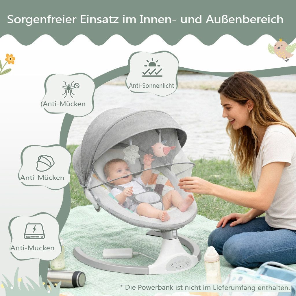 bioby Babyschaukel 2 in 1 elektrisch Babywippe mit abnehmbarem Esstisch, 5 Stufen mit bluetooth Musik, Fernbedienung und Moskitonetz max. 9kg