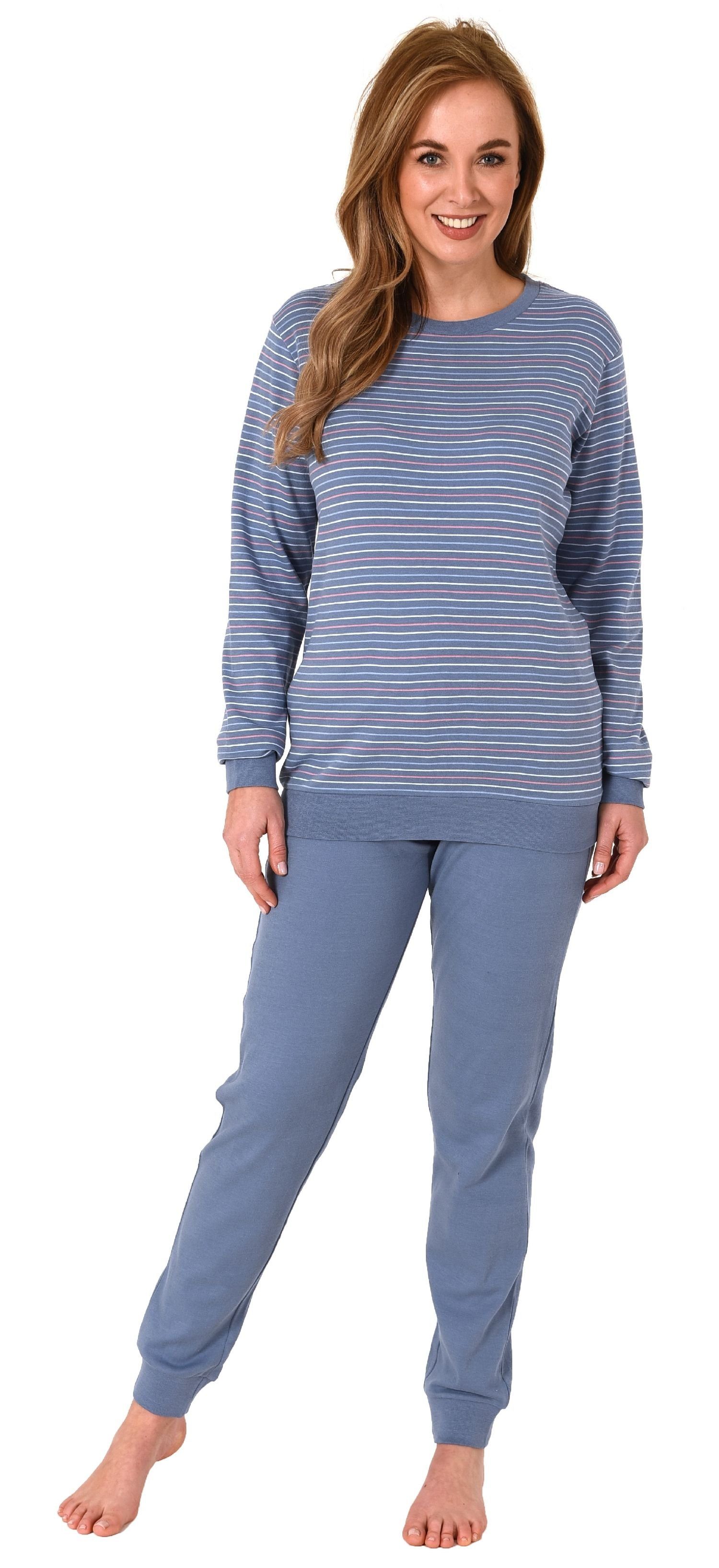 Bündchen Normann Kuscheliger Pyjama Damen blau Schlafanzug Streifenoptik Interlock mit in