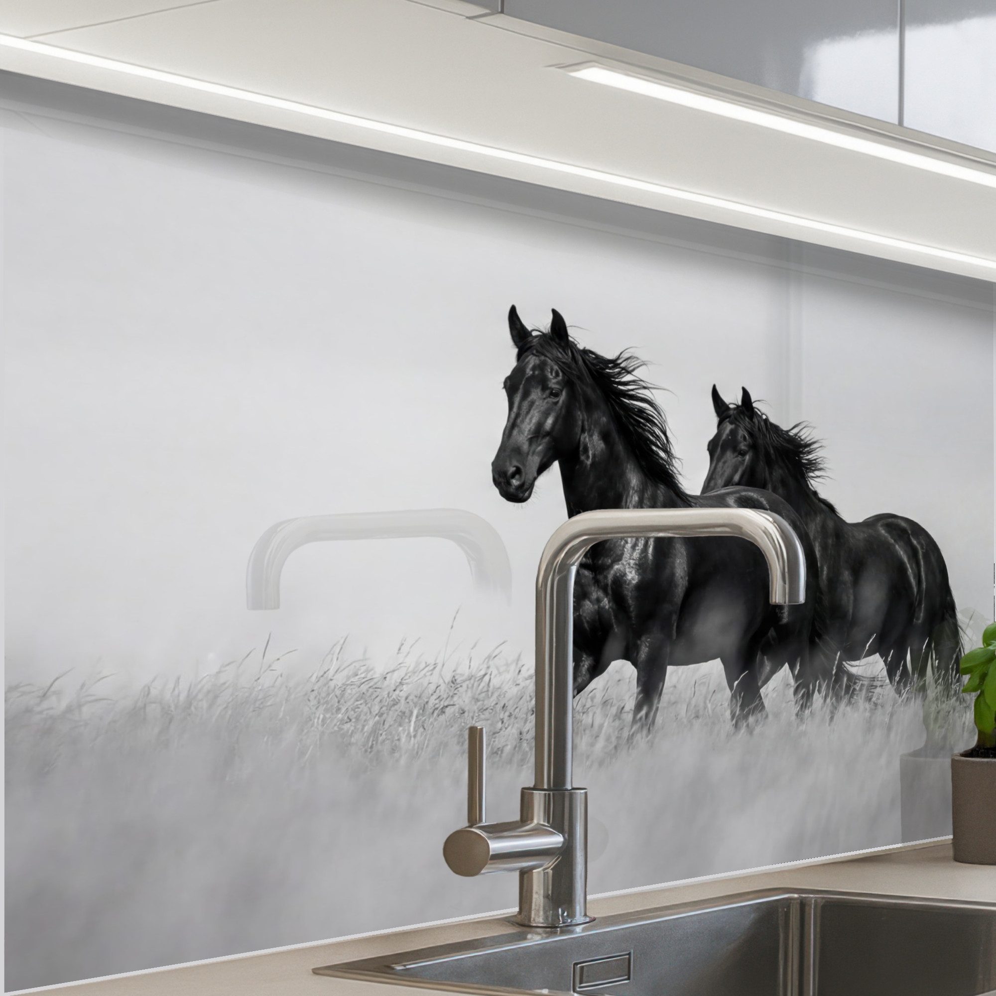 KitchenYeah Küchenrückwand Muster selbstklebend (keine Folie) Pferde - Gras - Schwarz - Weiß, (1-tlg), Spritzschutz, Küche, Rückwand, Küchenwand, Küchenfront, 30x20 cm
