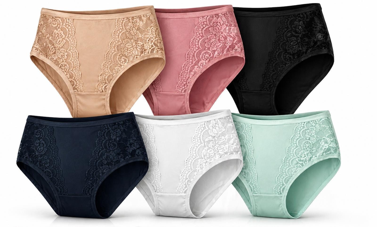Taillenslip Damen Slips 6er Pack mit Spitze, elastisch & bequem, 95% Polyamid