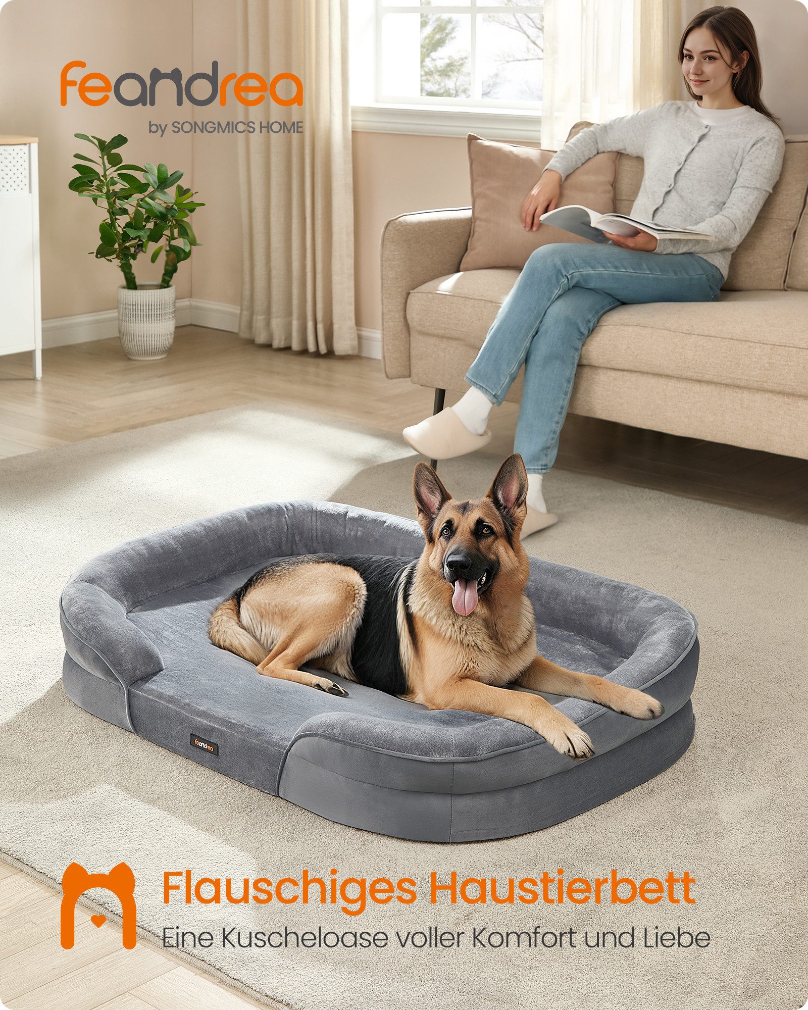 FEANDREA Tierbett Hundebett, Hundekissen, abnehmbar, große Hunde, 122 x 85 x 18 cm, orthopädisch, wasserdichte Innenschicht