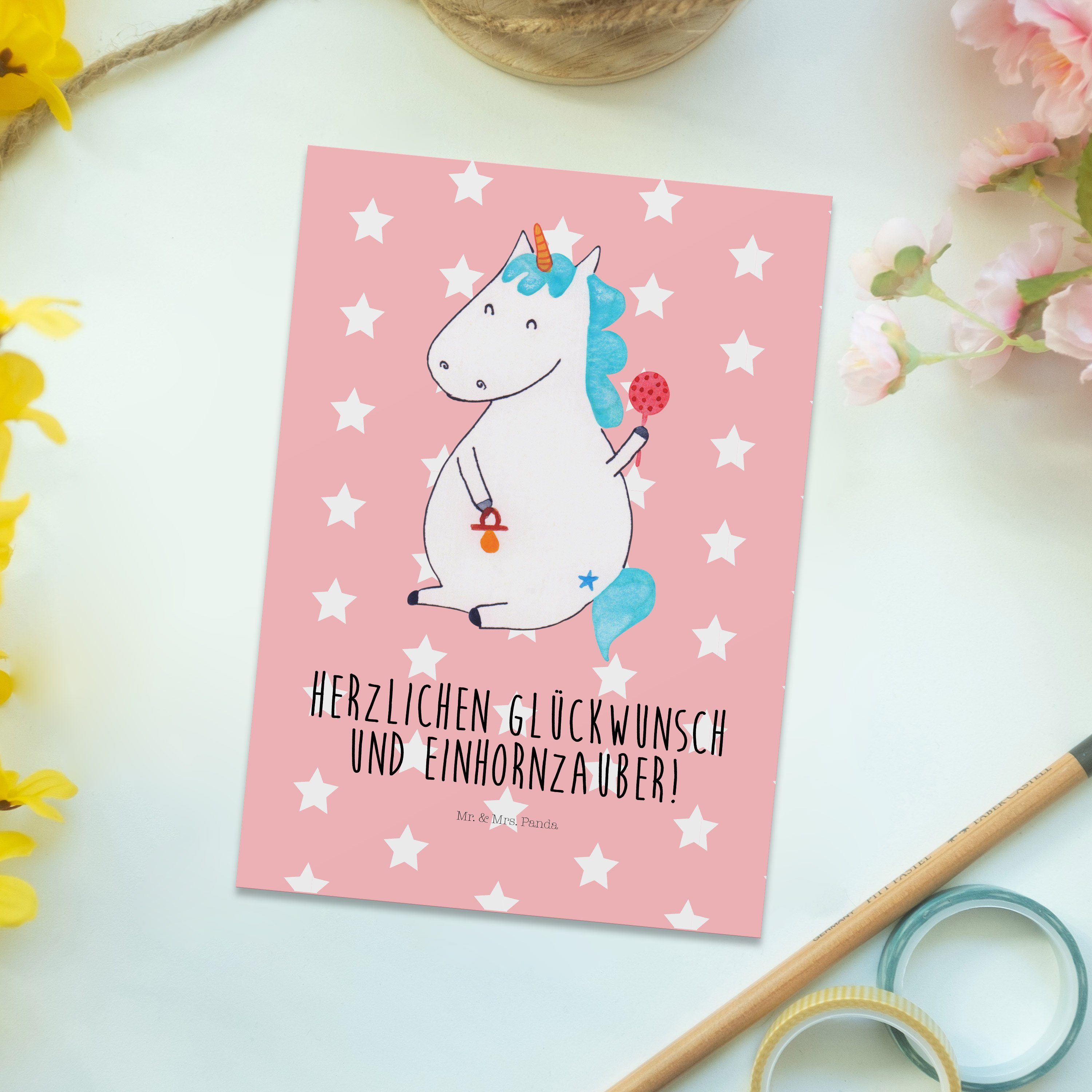Mr. & Mrs. Panda Postkarte Pastell Einhorn Rot Ans Baby - - Unicorn, Einhörner, Karte, Geschenk