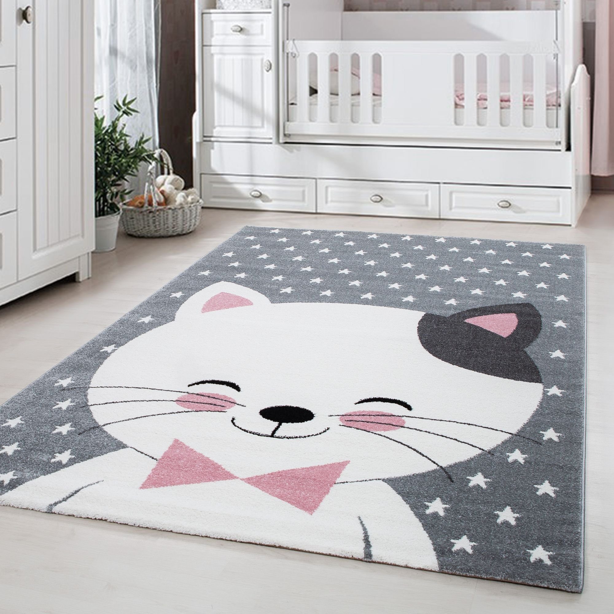 Kinderteppich Niedliches Katze design, Carpetsale24, Rechteckig, Höhe: 11 mm, Kinderteppich Katze Design Rosa Baby Teppich Kinderzimmer Pflegeleicht
